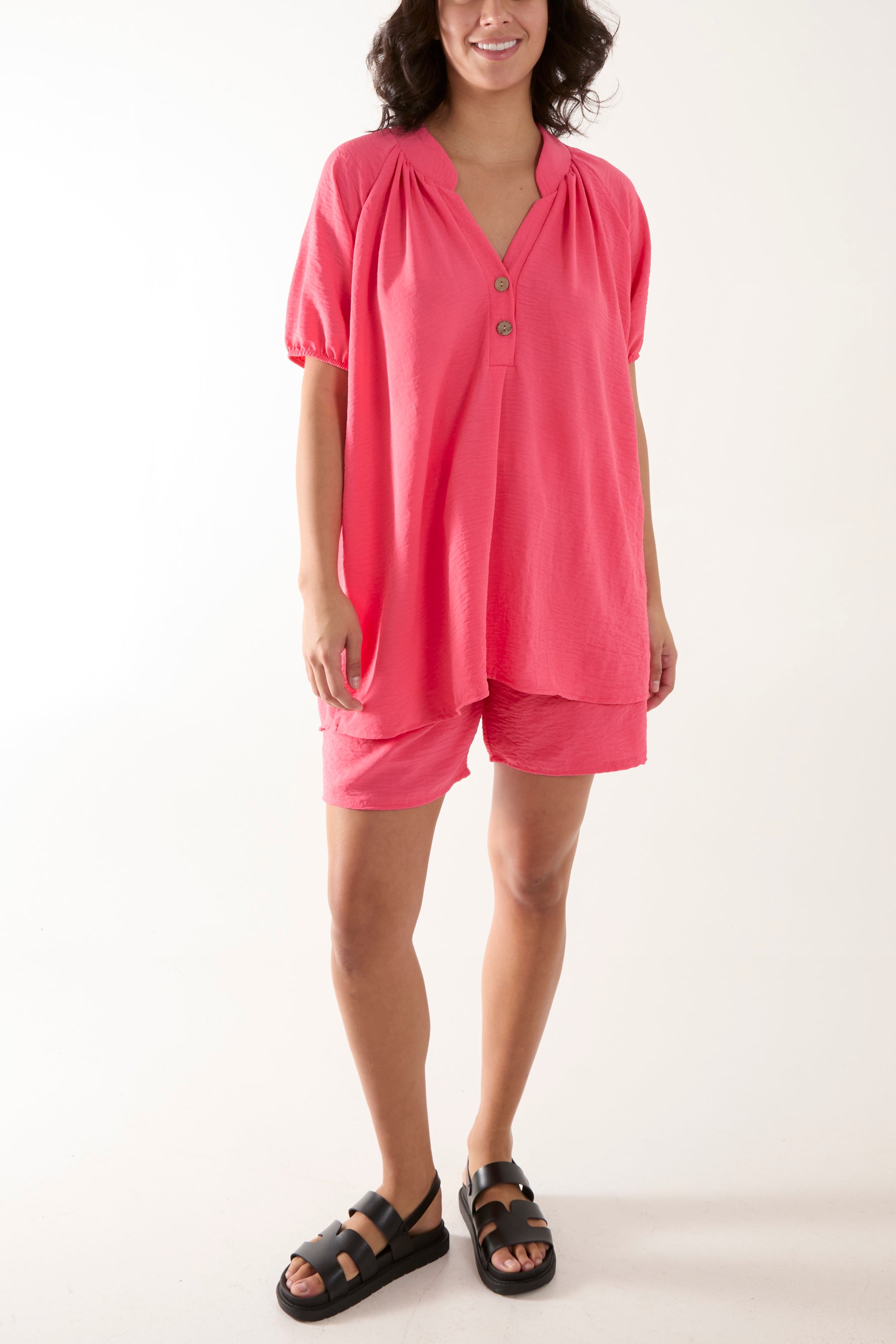 Short Sleeve Buttoned Collar Top & Short Sets WearAll Coral One Size