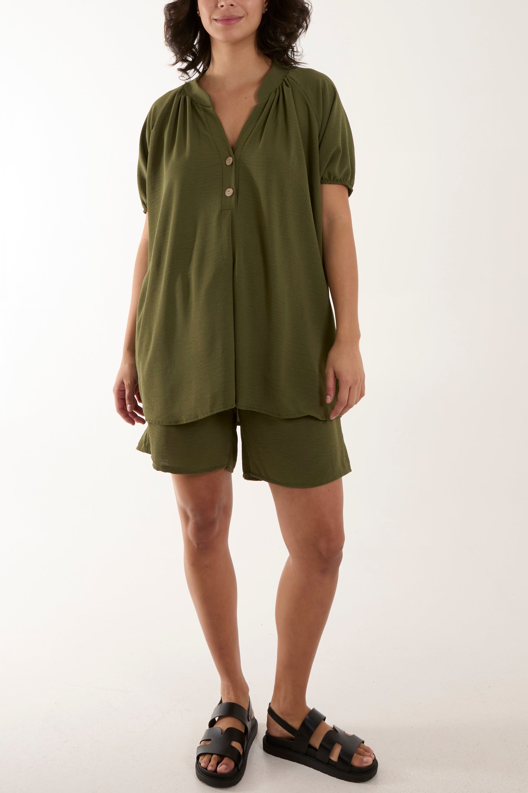 Short Sleeve Buttoned Collar Top & Short Sets WearAll Khaki One Size