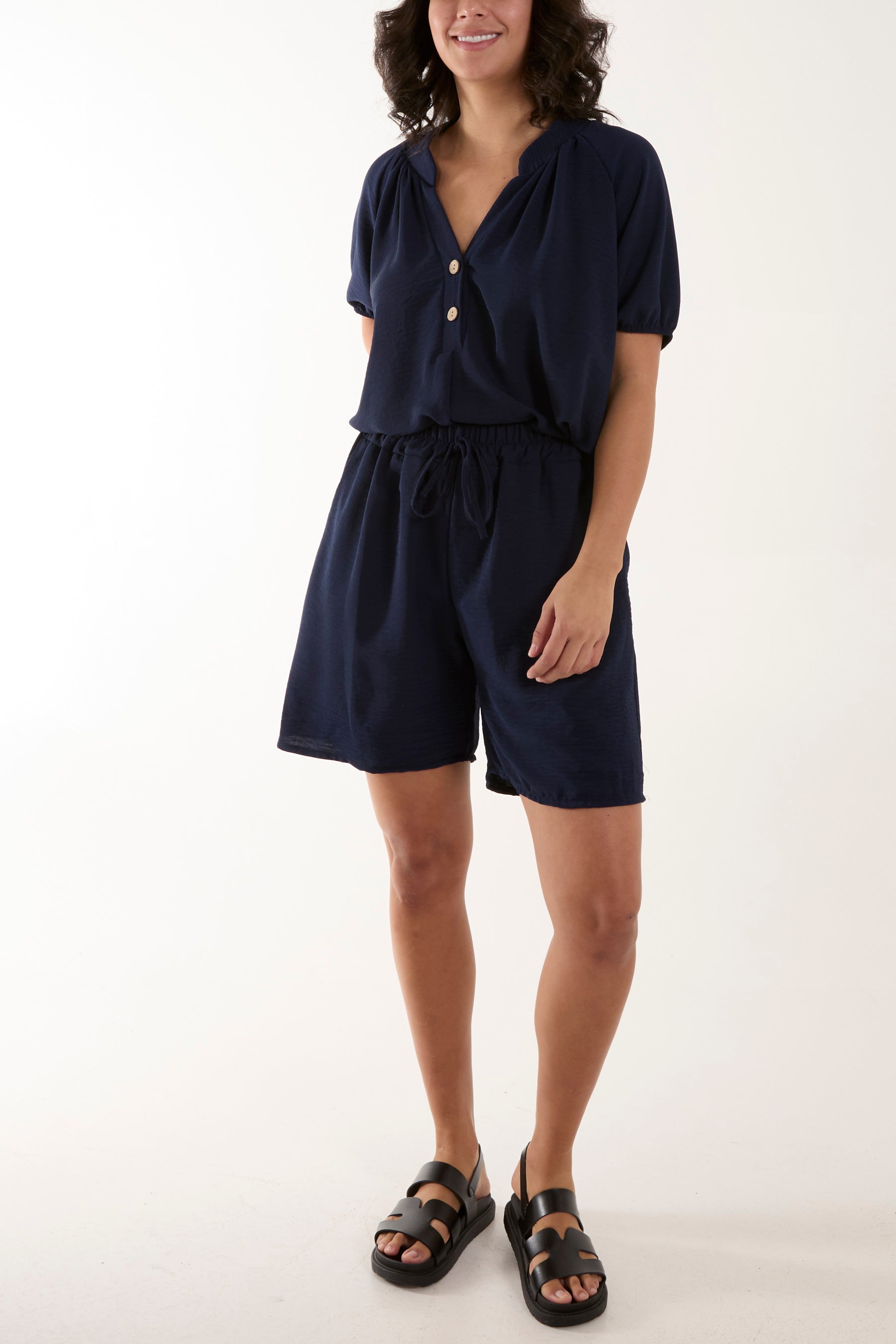 Short Sleeve Buttoned Collar Top & Short Sets WearAll Navy One Size