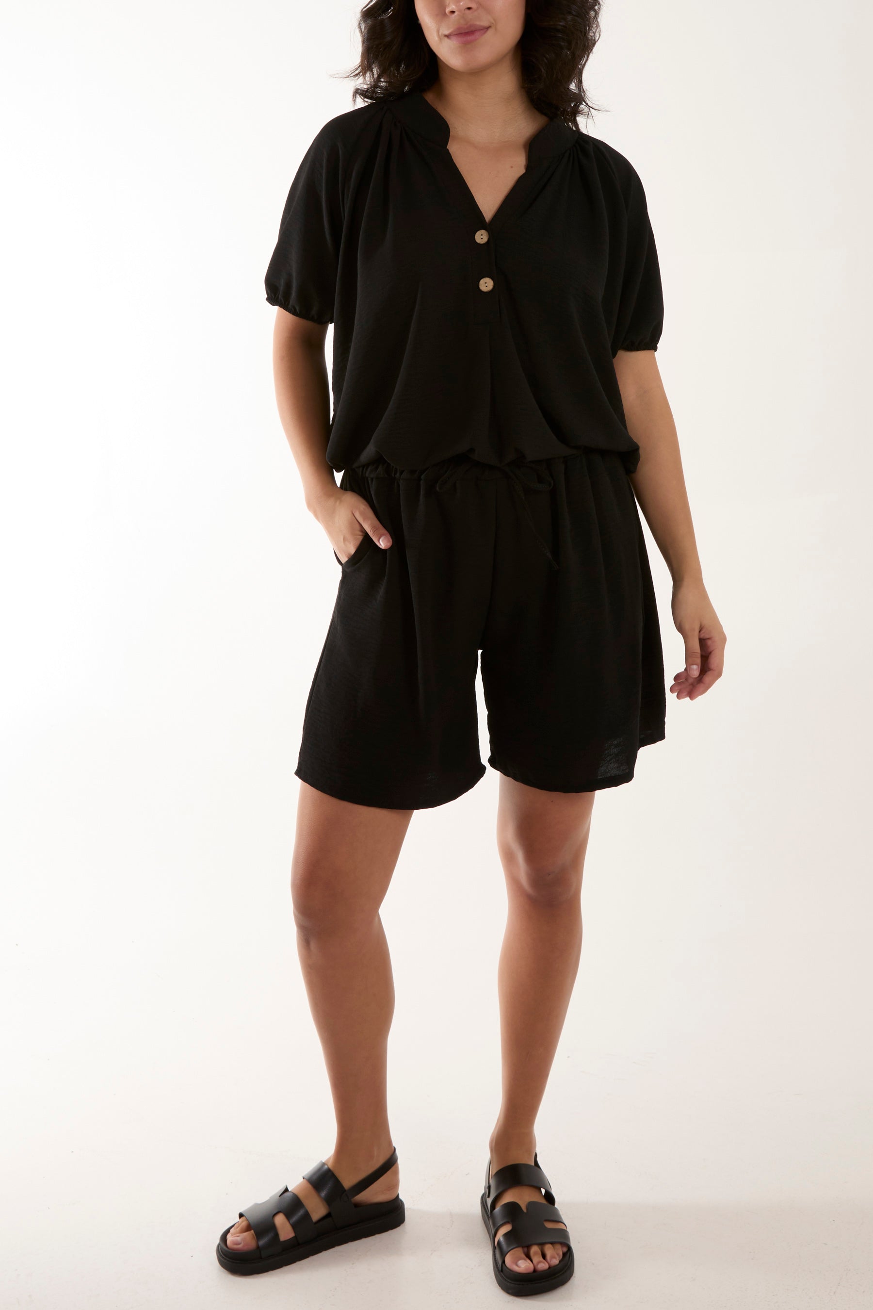 Short Sleeve Buttoned Collar Top & Short Sets WearAll Black One Size