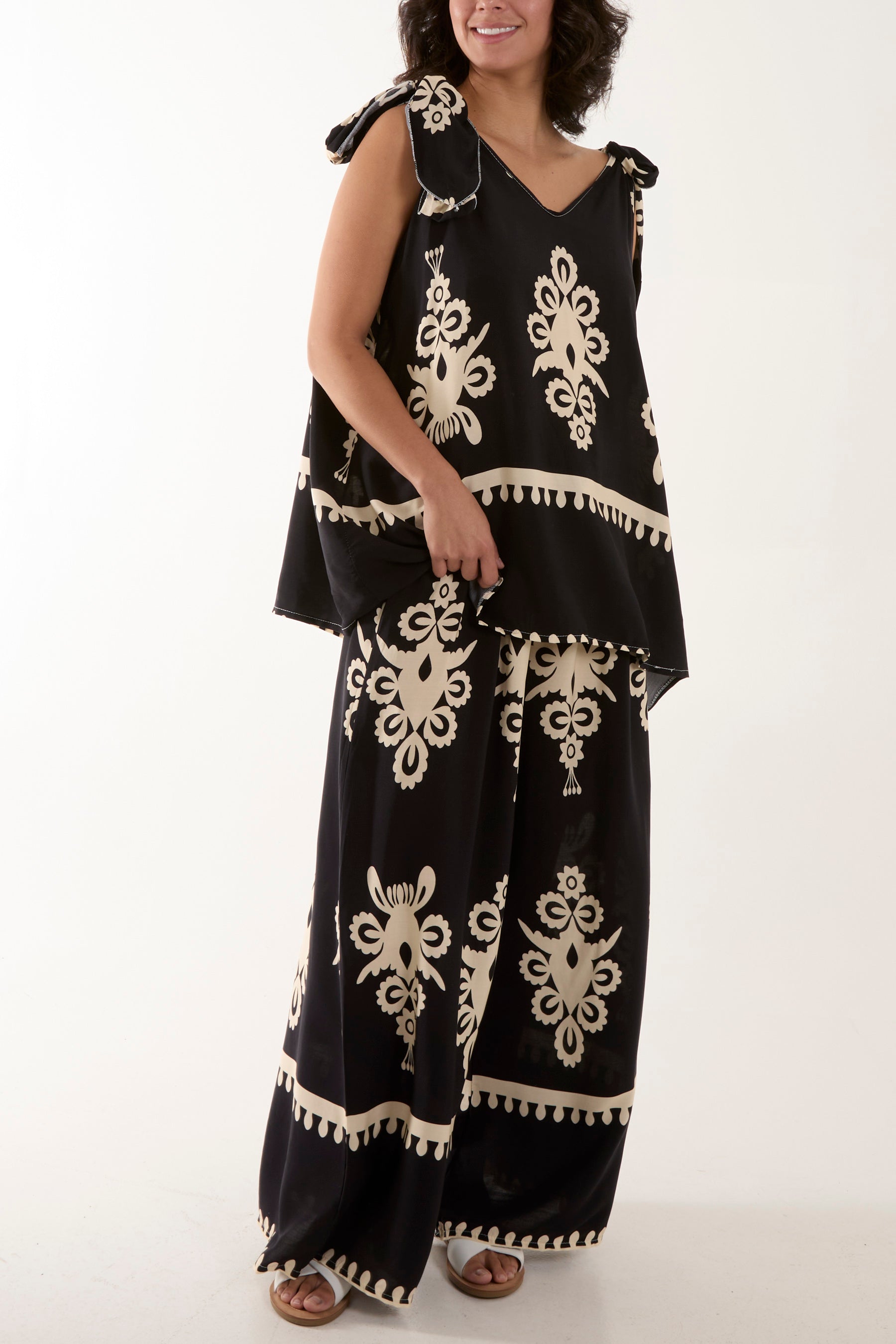 Tie Shoulder Vest & Trouser Printed Co-Ord Sets WearAll Black One Size