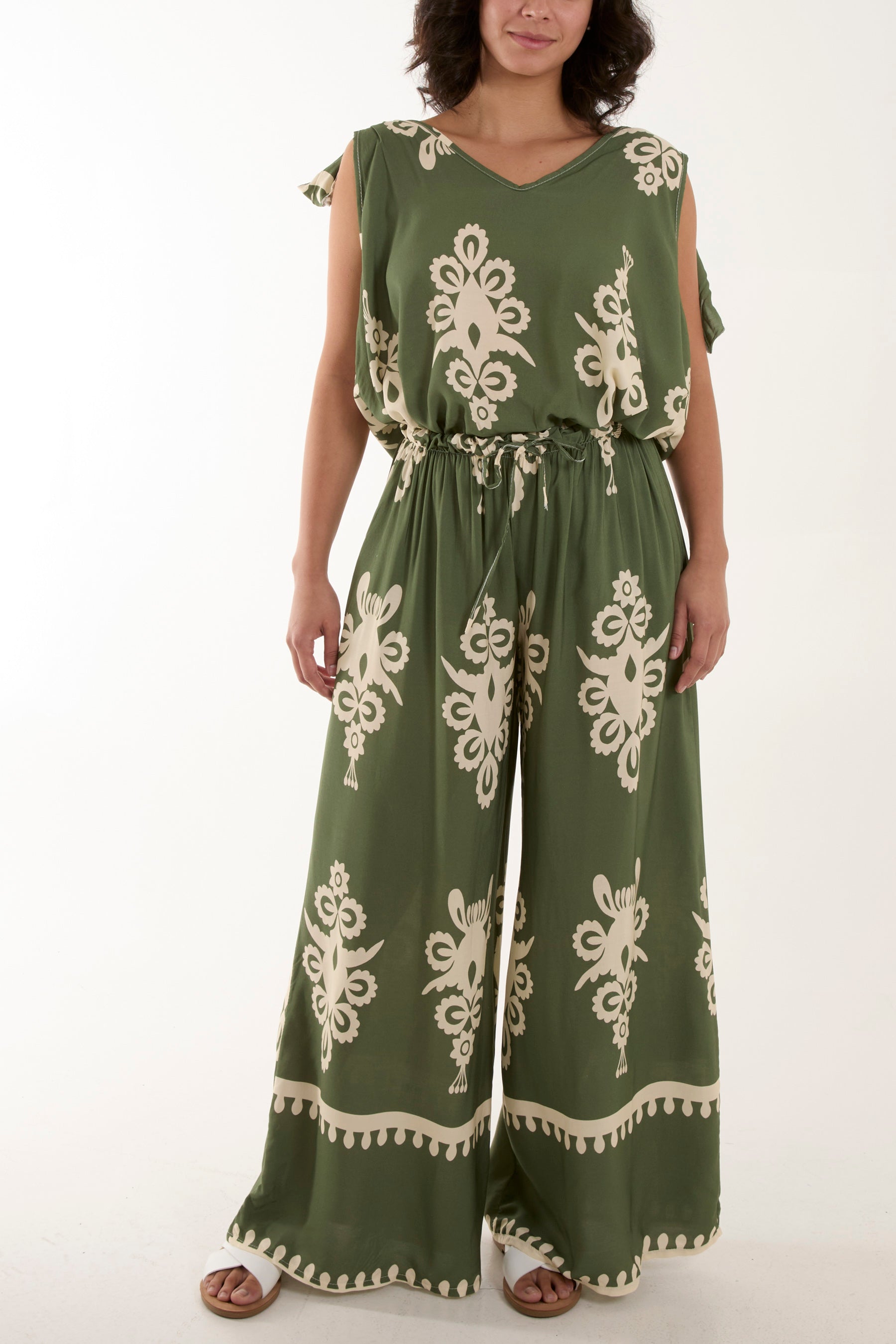 Tie Shoulder Vest & Trouser Printed Co-Ord Sets WearAll Khaki One Size