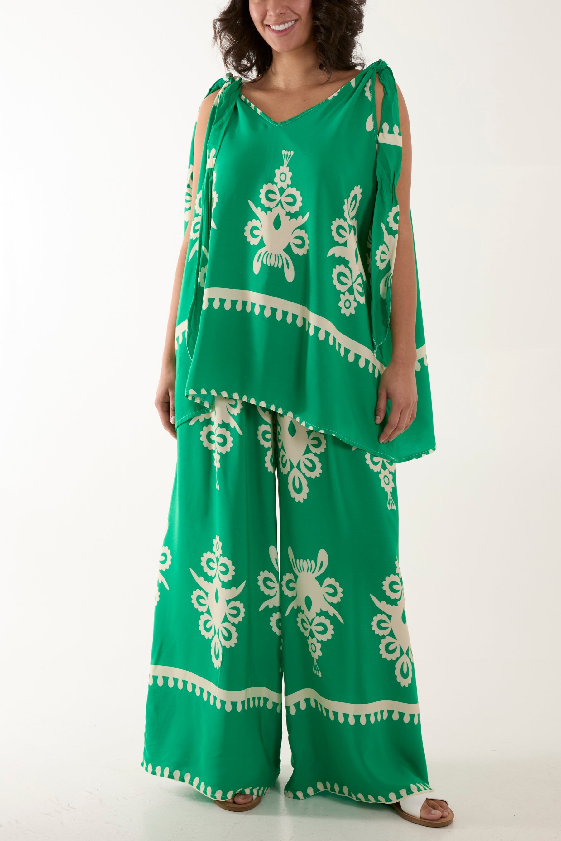 Tie Shoulder Vest & Trouser Printed Co-Ord Sets WearAll Jade One Size