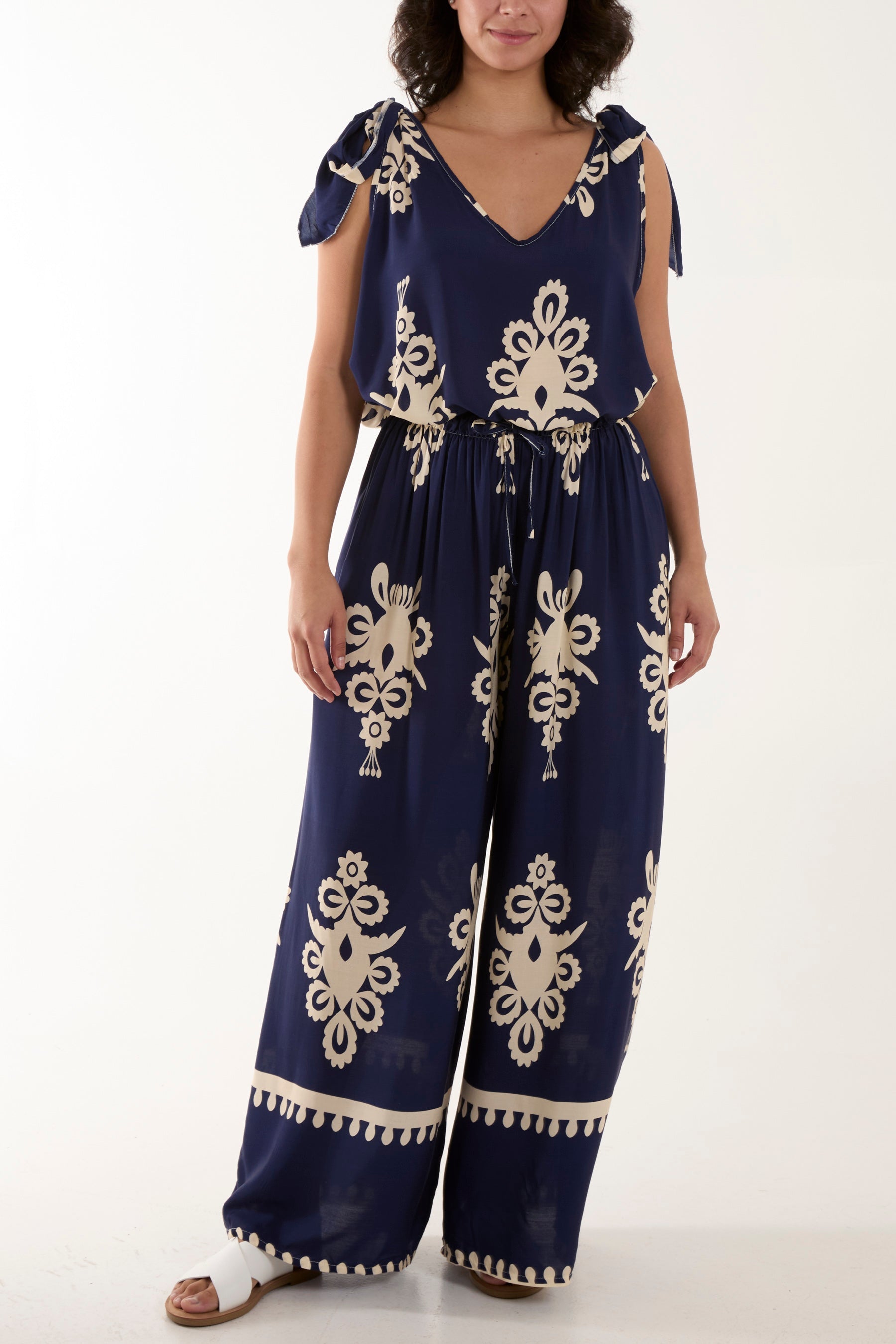 Tie Shoulder Vest & Trouser Printed Co-Ord Sets WearAll Navy One Size