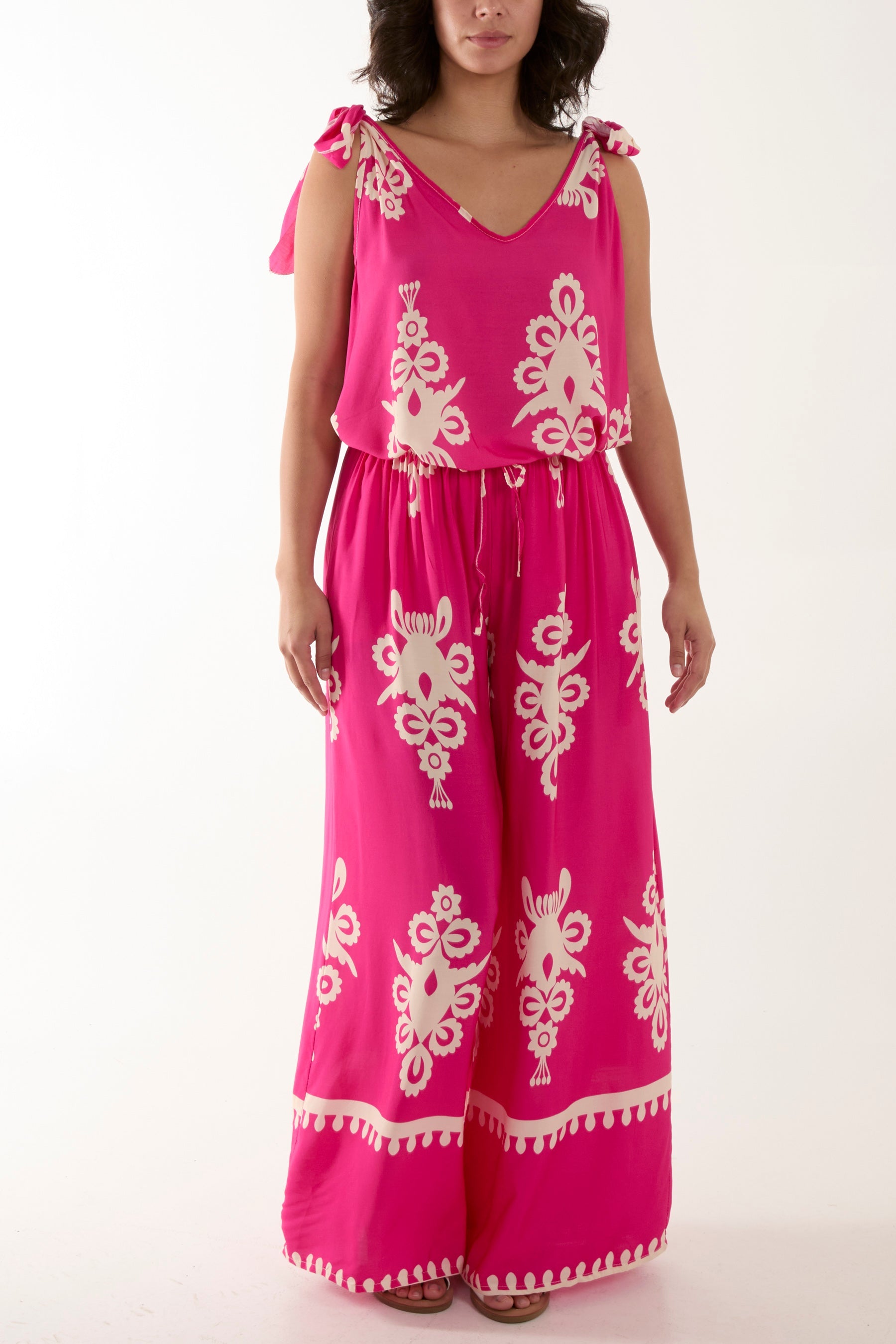 Tie Shoulder Vest & Trouser Printed Co-Ord Sets WearAll Hot Pink One Size
