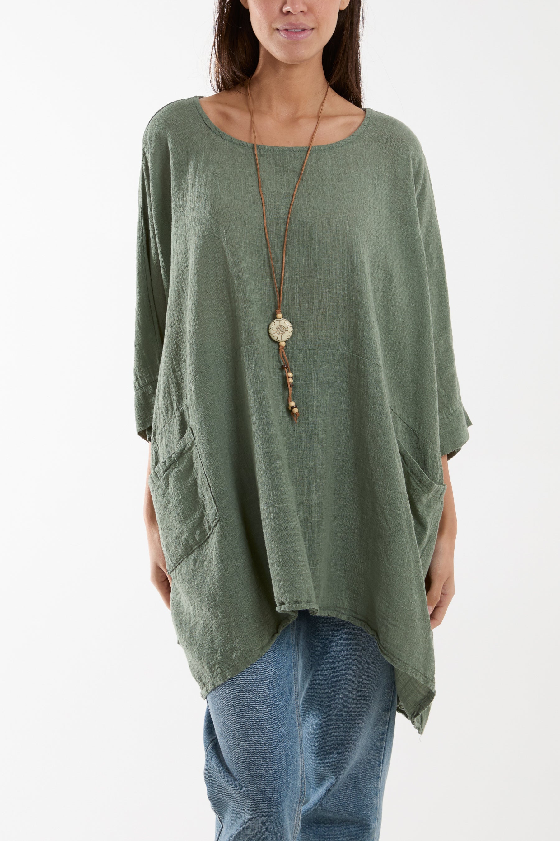 Cotton Mix Necklace Pockets Top Tops WearAll Khaki One Size