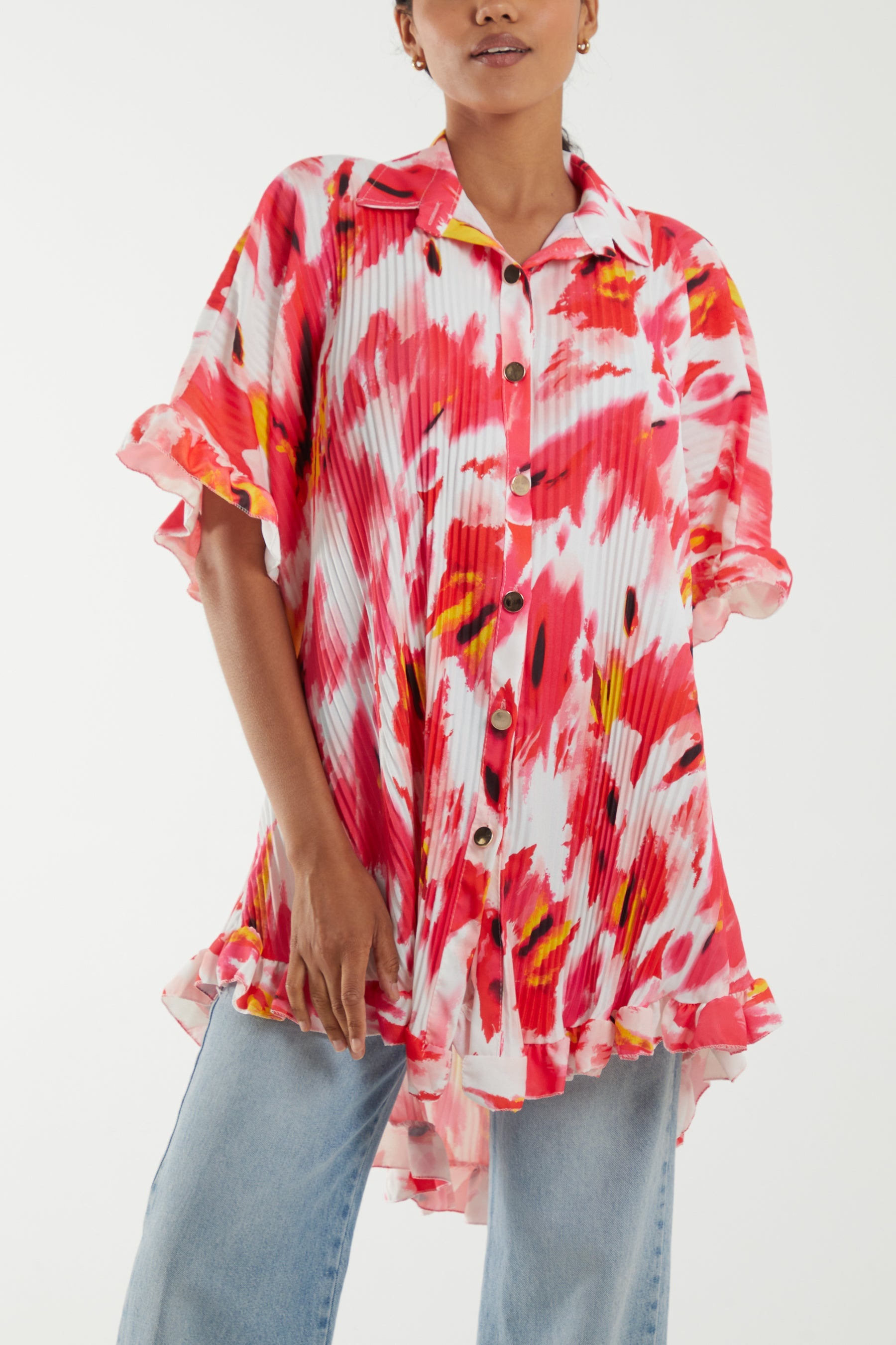 Abstract Tie Dye Frill Hem Plisse Shirt Dresses WearAll Hot Pink One Size