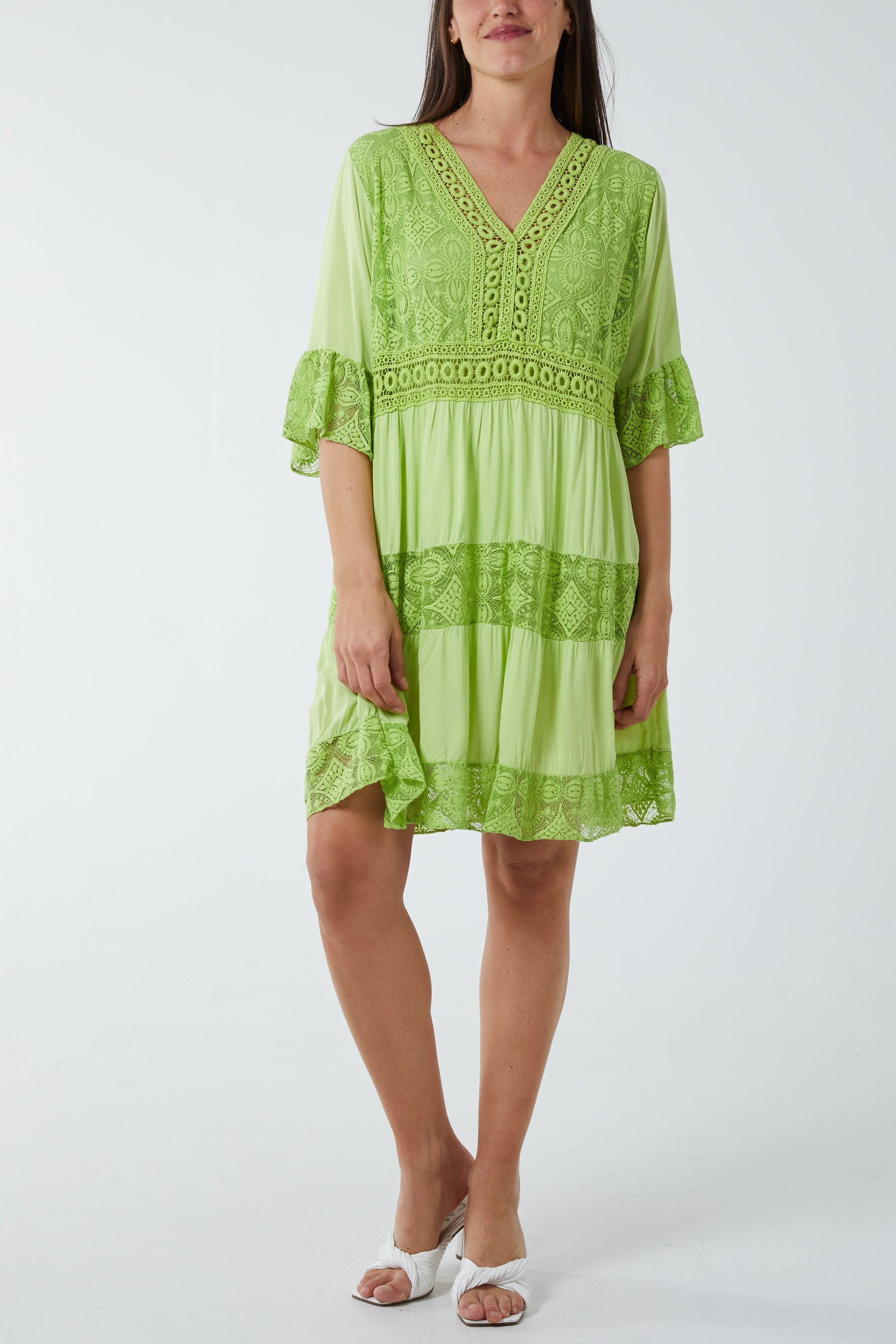 Lace Tiered Smock Dress Dresses WearAll Lime One Size