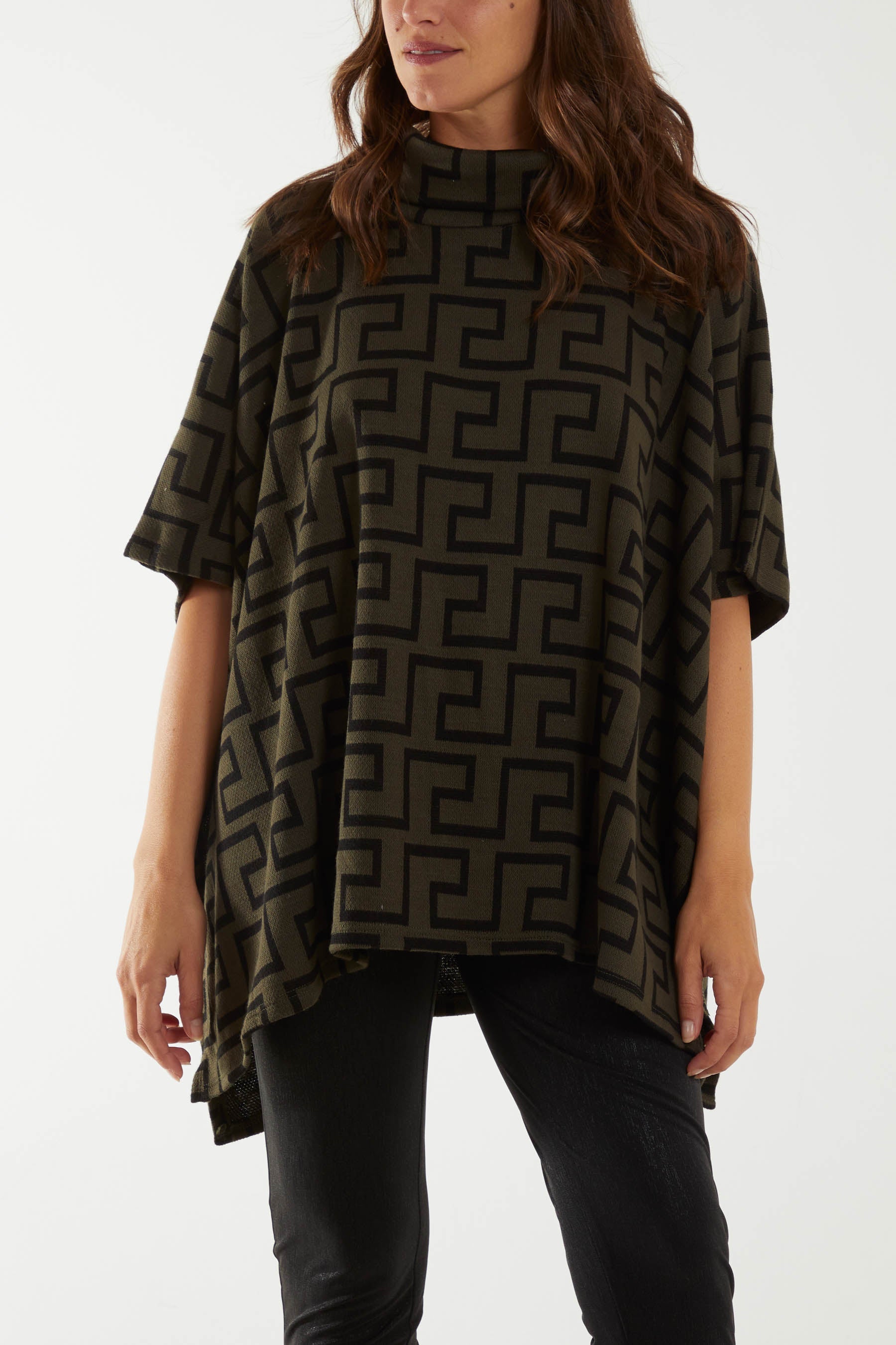 Roll Neck Geometric Pattern Poncho Ponchos WearAll Khaki One Size
