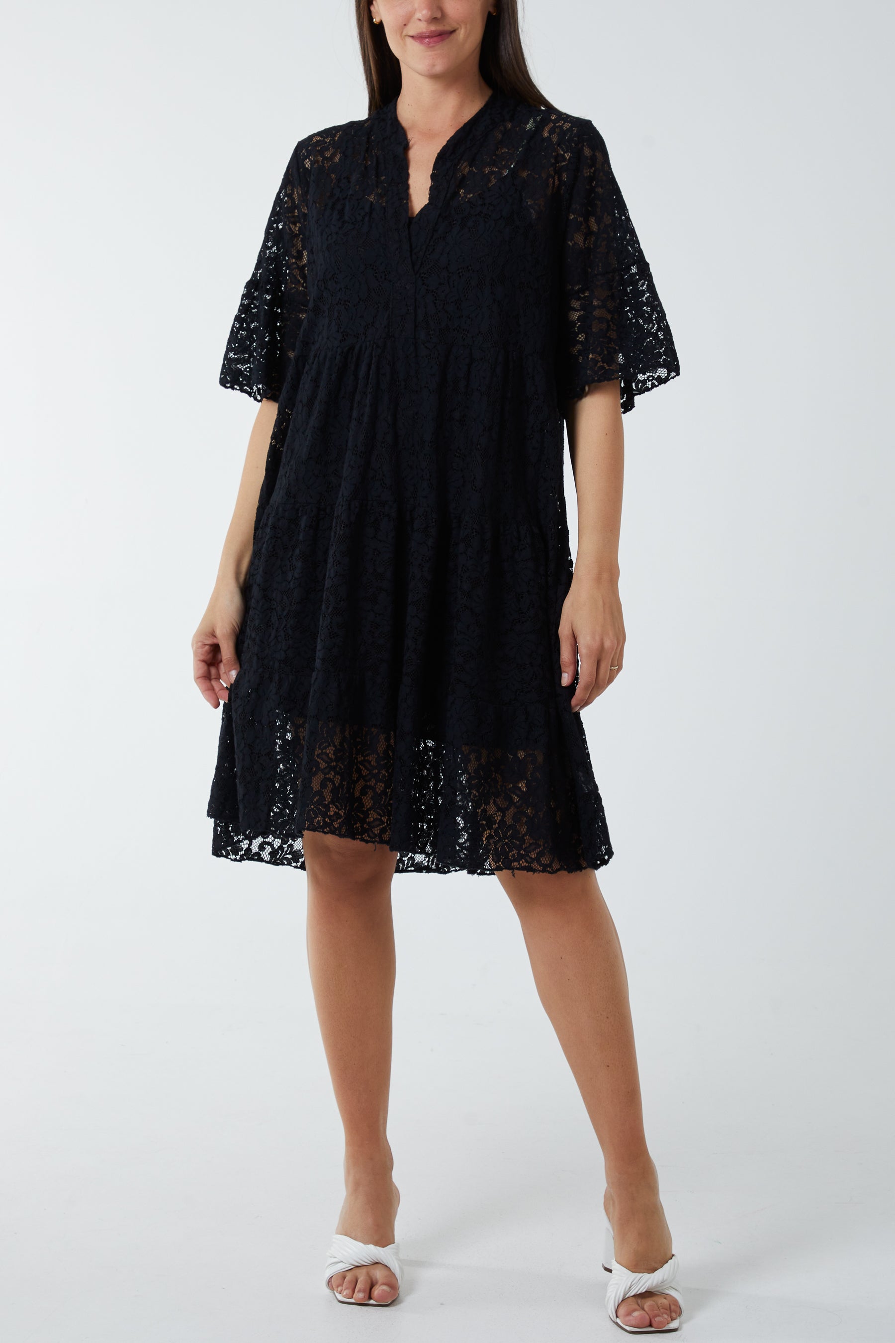Angel Sleeve Tiered Lace Dress DMF2 WearAll Black One Size