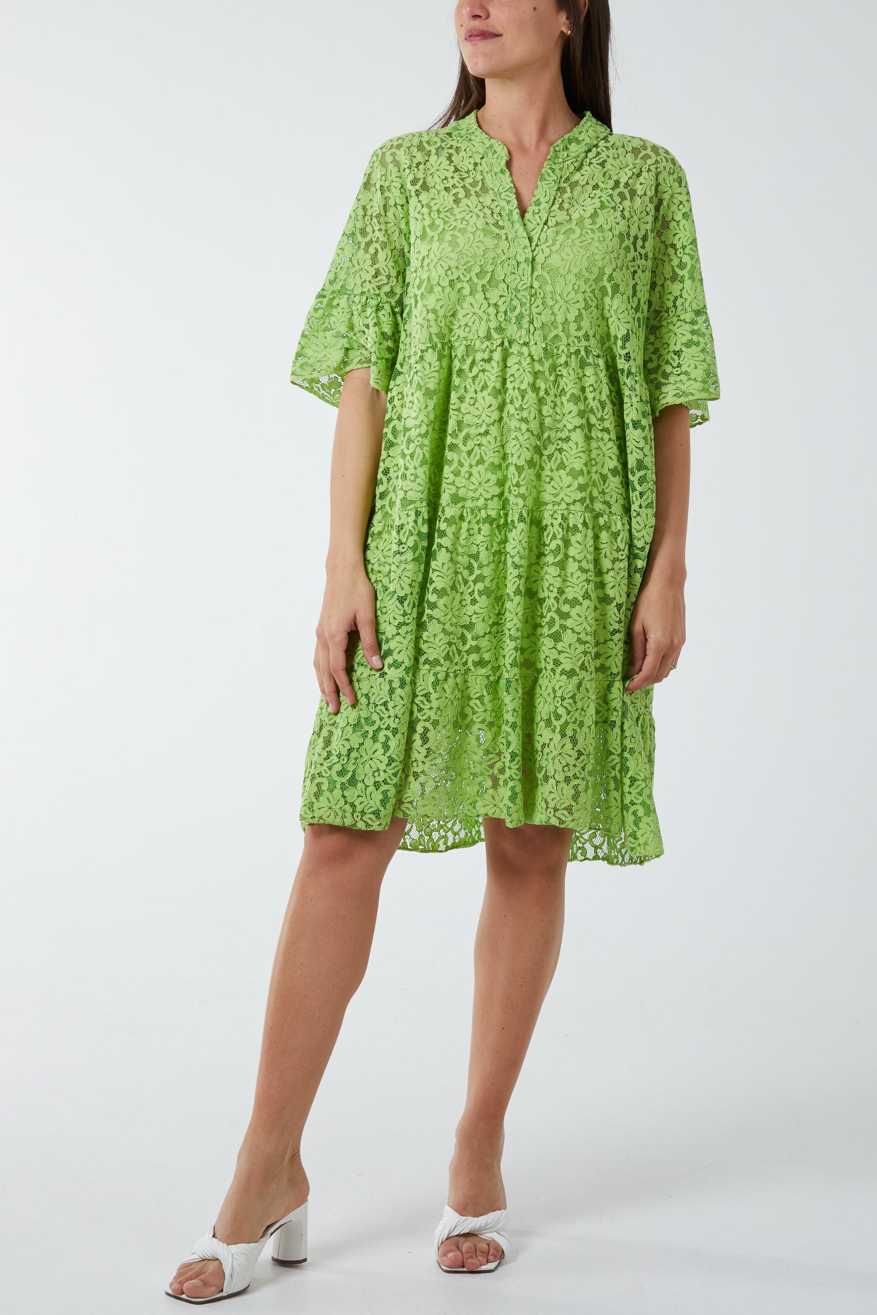 Angel Sleeve Tiered Lace Dress DMF2 WearAll Lime One Size