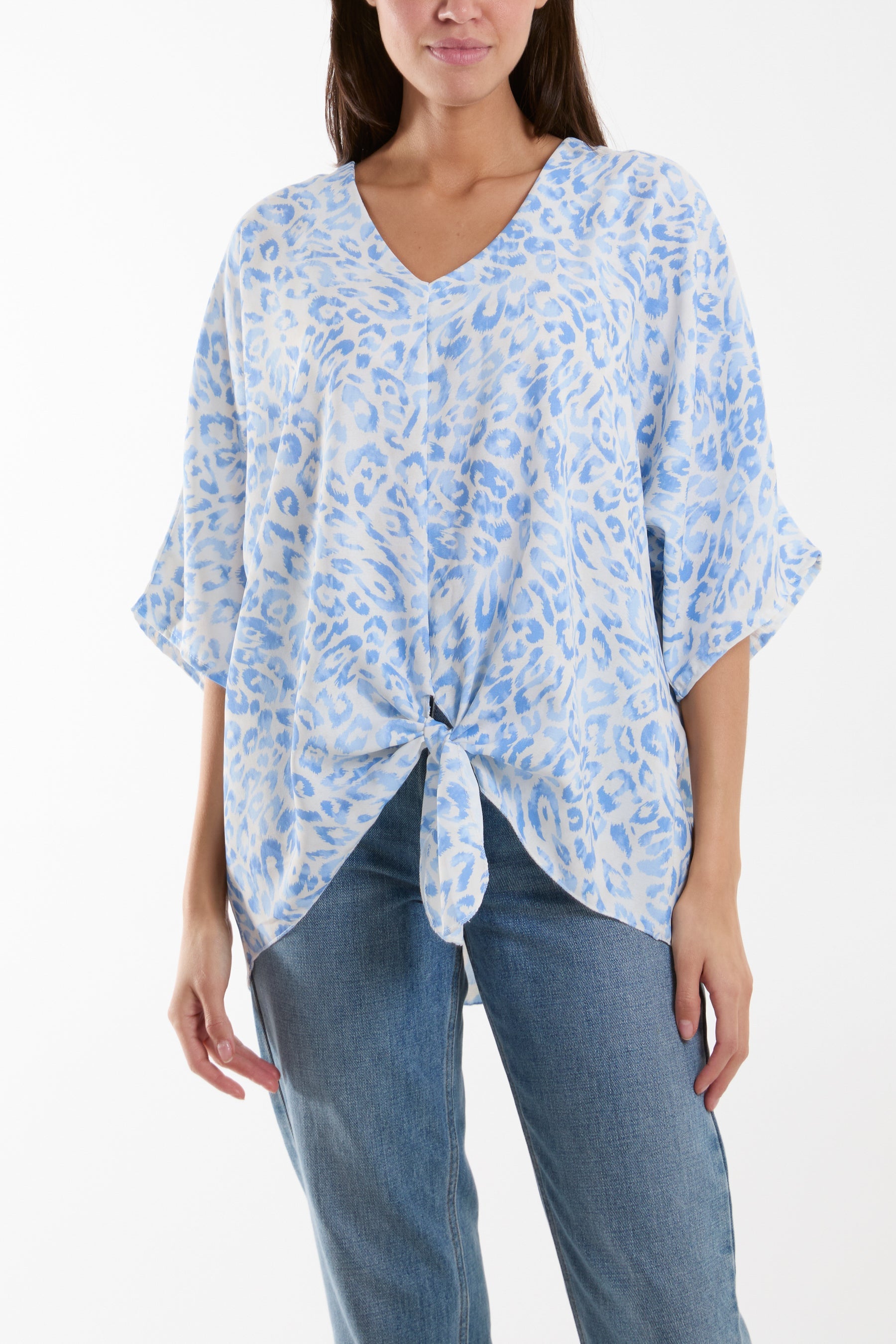 Knot Front Leopard Print Top Tops WearAll Light Blue One Size