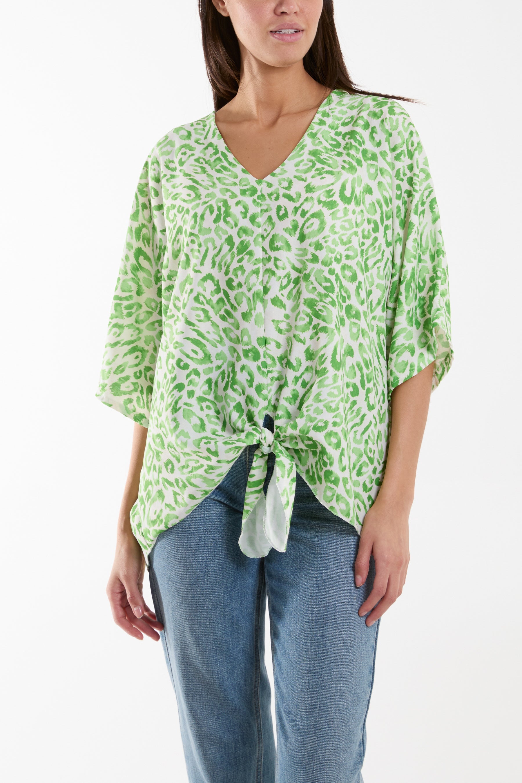 Knot Front Leopard Print Top Tops WearAll Apple Green One Size
