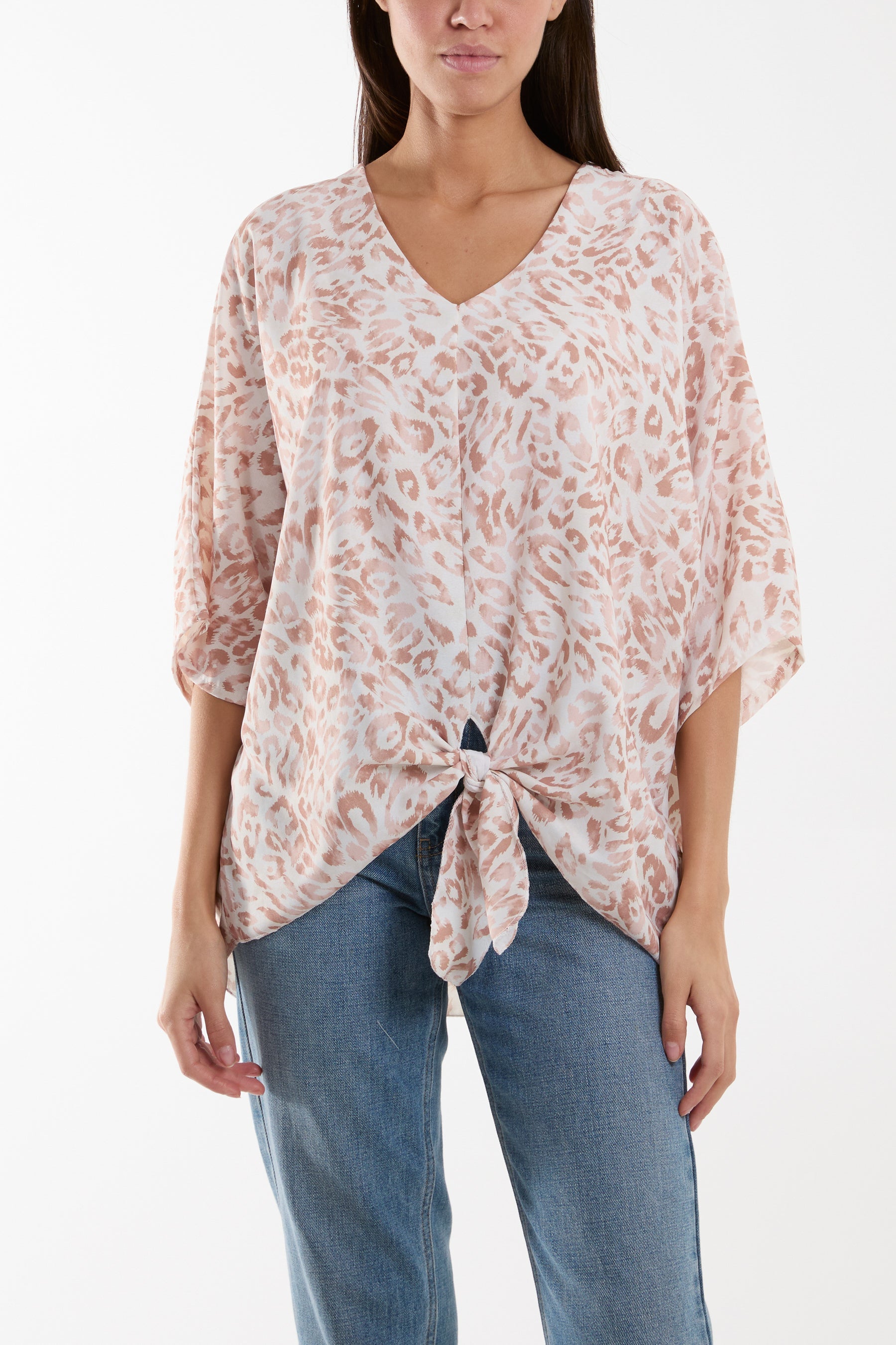 Knot Front Leopard Print Top Tops WearAll Beige One Size