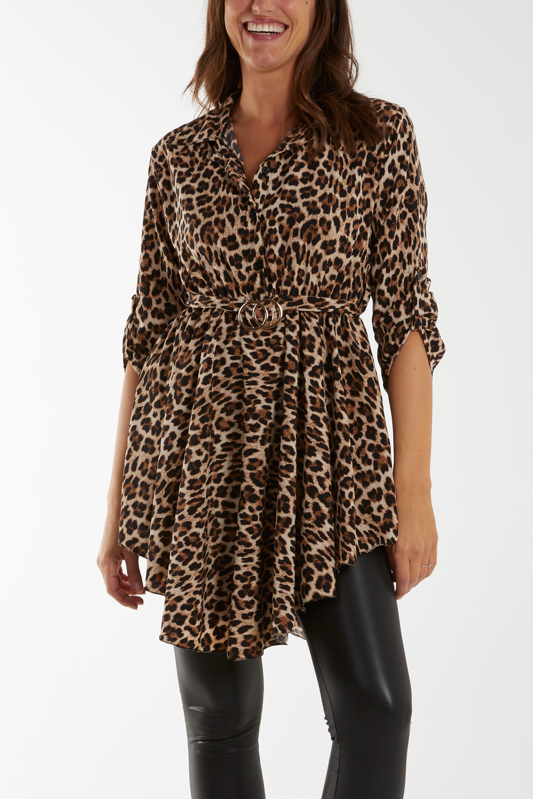 Leopard Print Belted Shirt Dresses WearAll Animal One Size