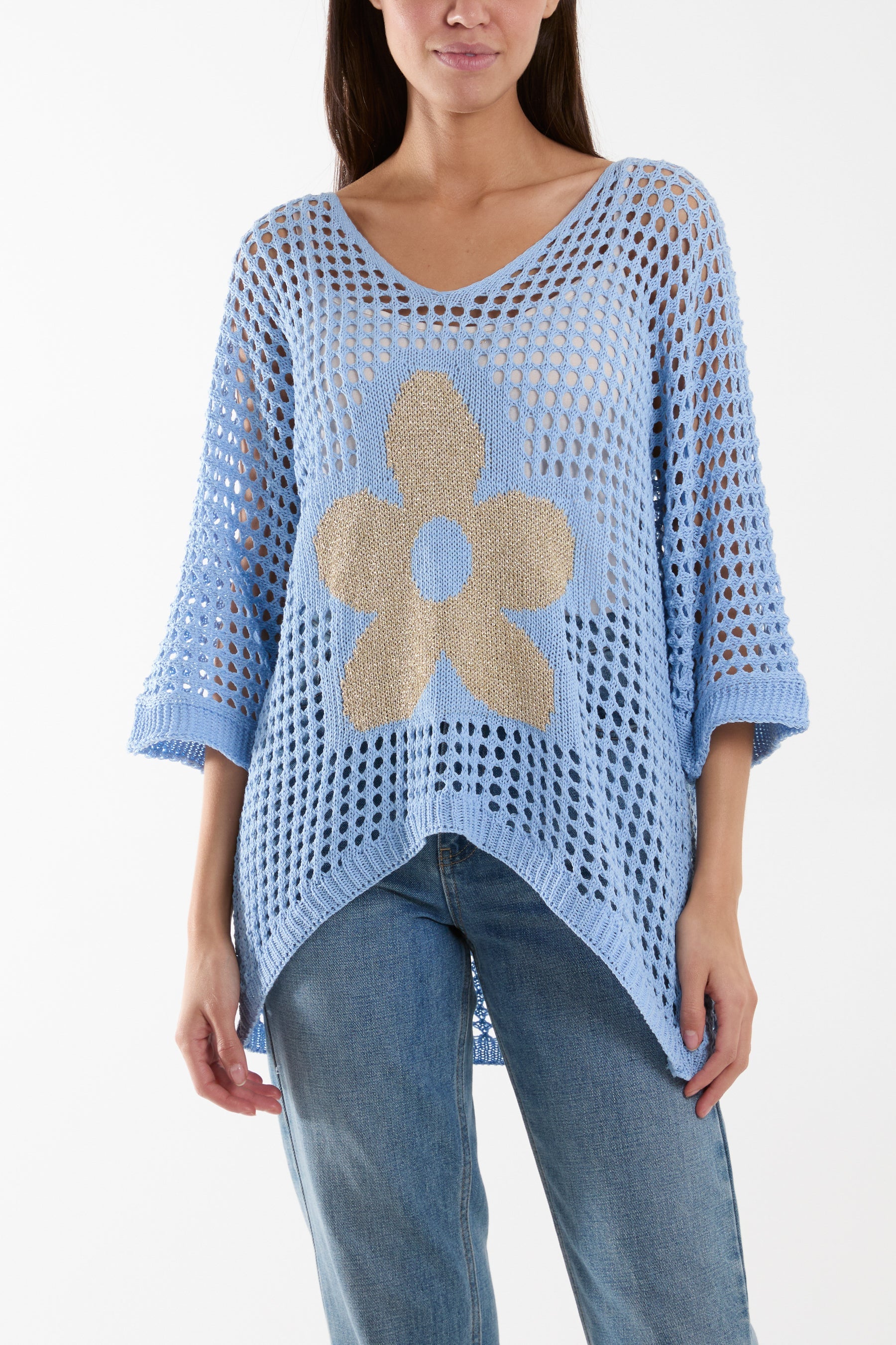 V-Neck Daisy Crochet Top Jumpers WearAll Light Blue One Size