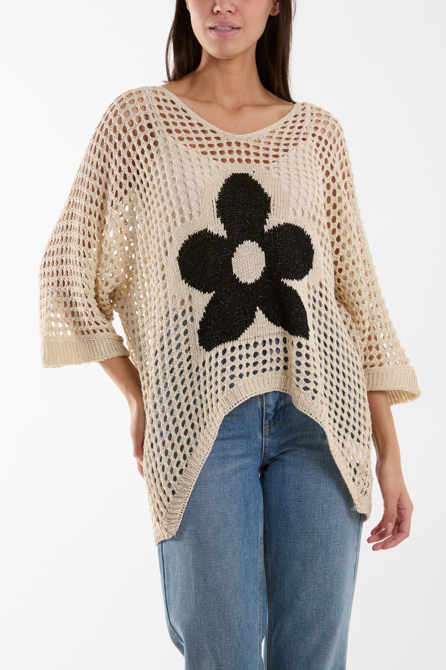 V-Neck Daisy Crochet Top Jumpers WearAll Beige One Size