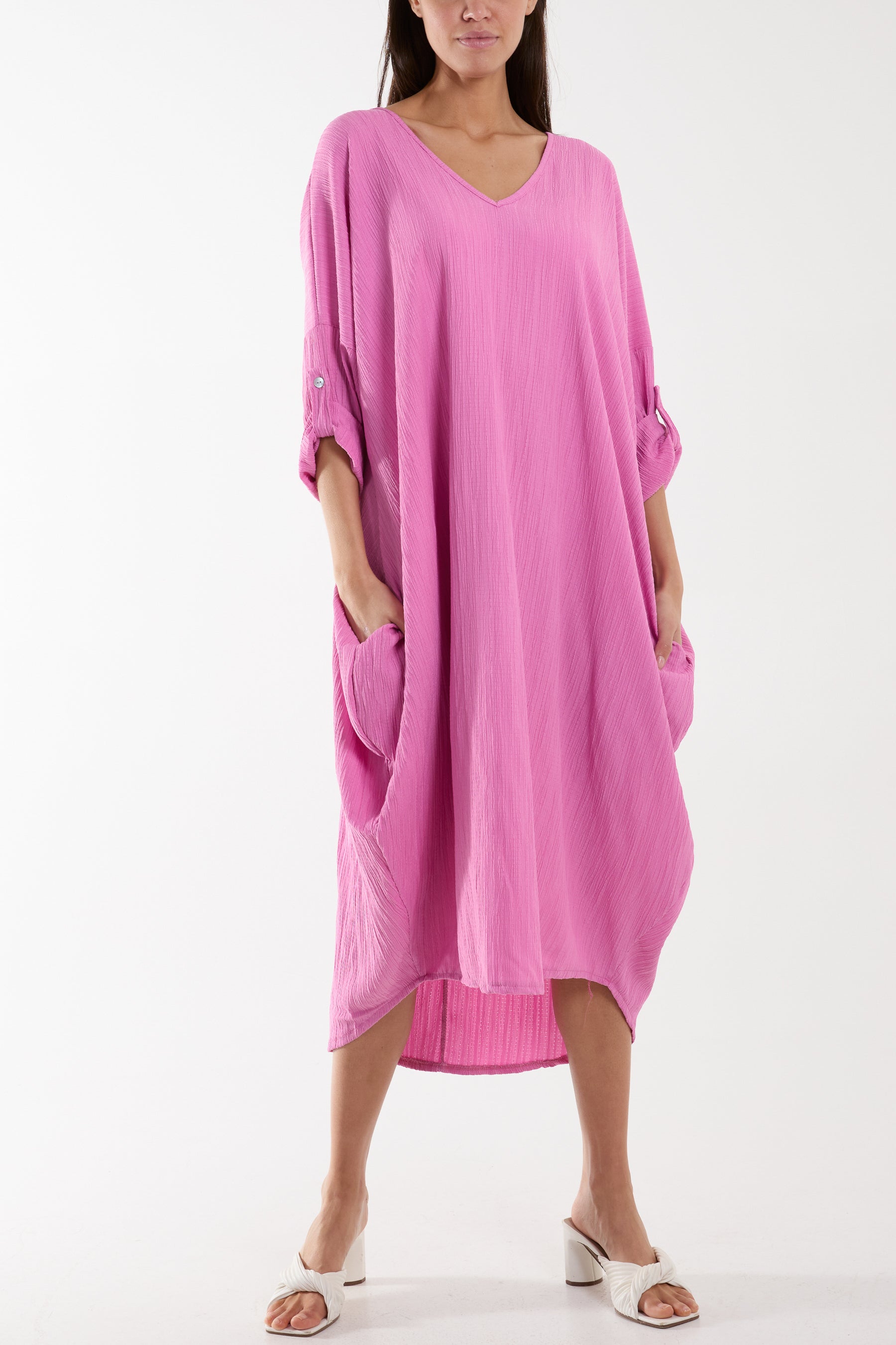 Crinkle Cocoon Midi Dress w/ Pockets Dresses WearAll Hot Pink One Size