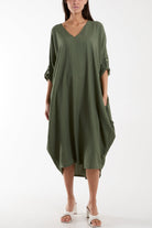 Crinkle Cocoon Midi Dress w/ Pockets Dresses WearAll Khaki One Size