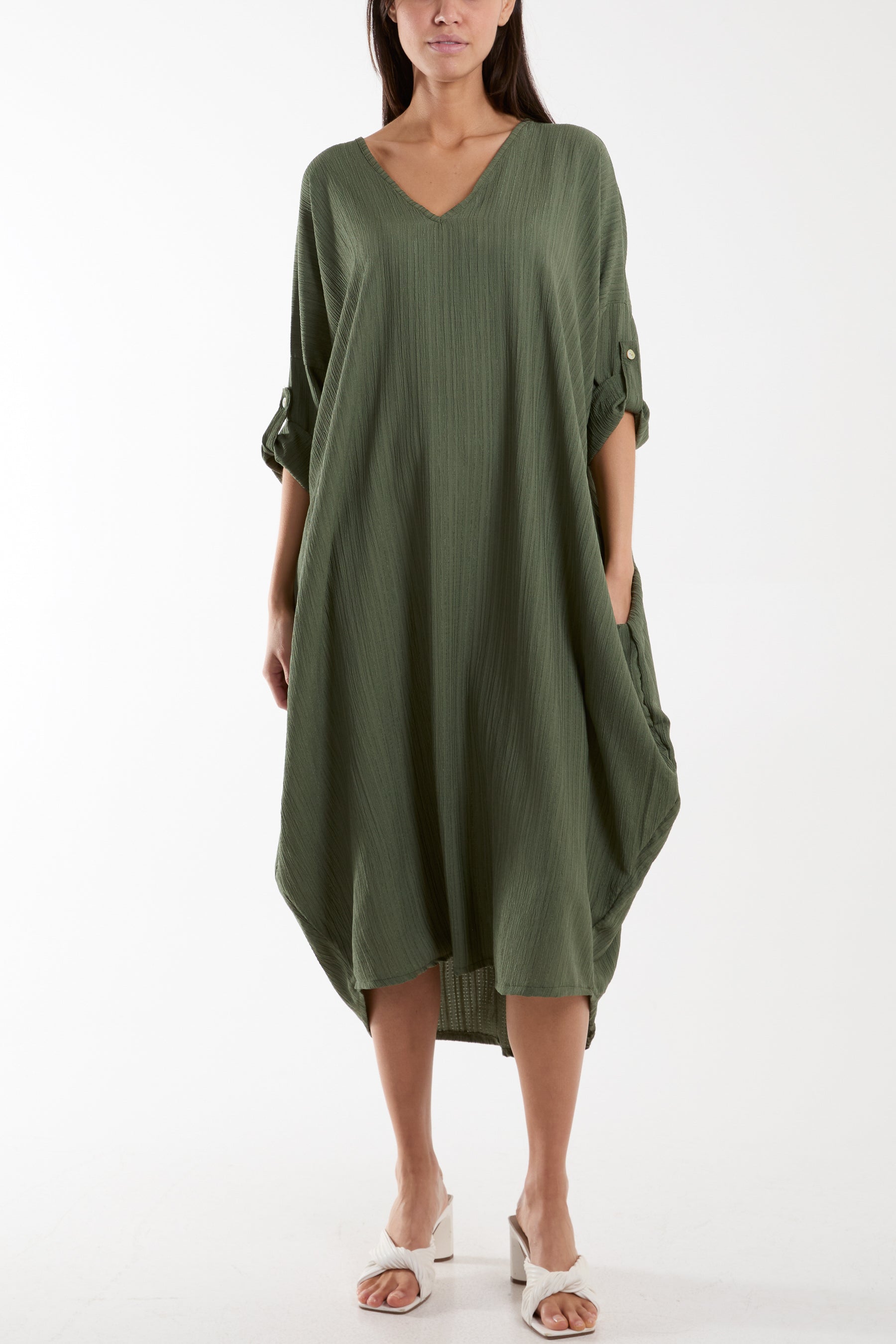Crinkle Cocoon Midi Dress w/ Pockets Dresses WearAll Khaki One Size