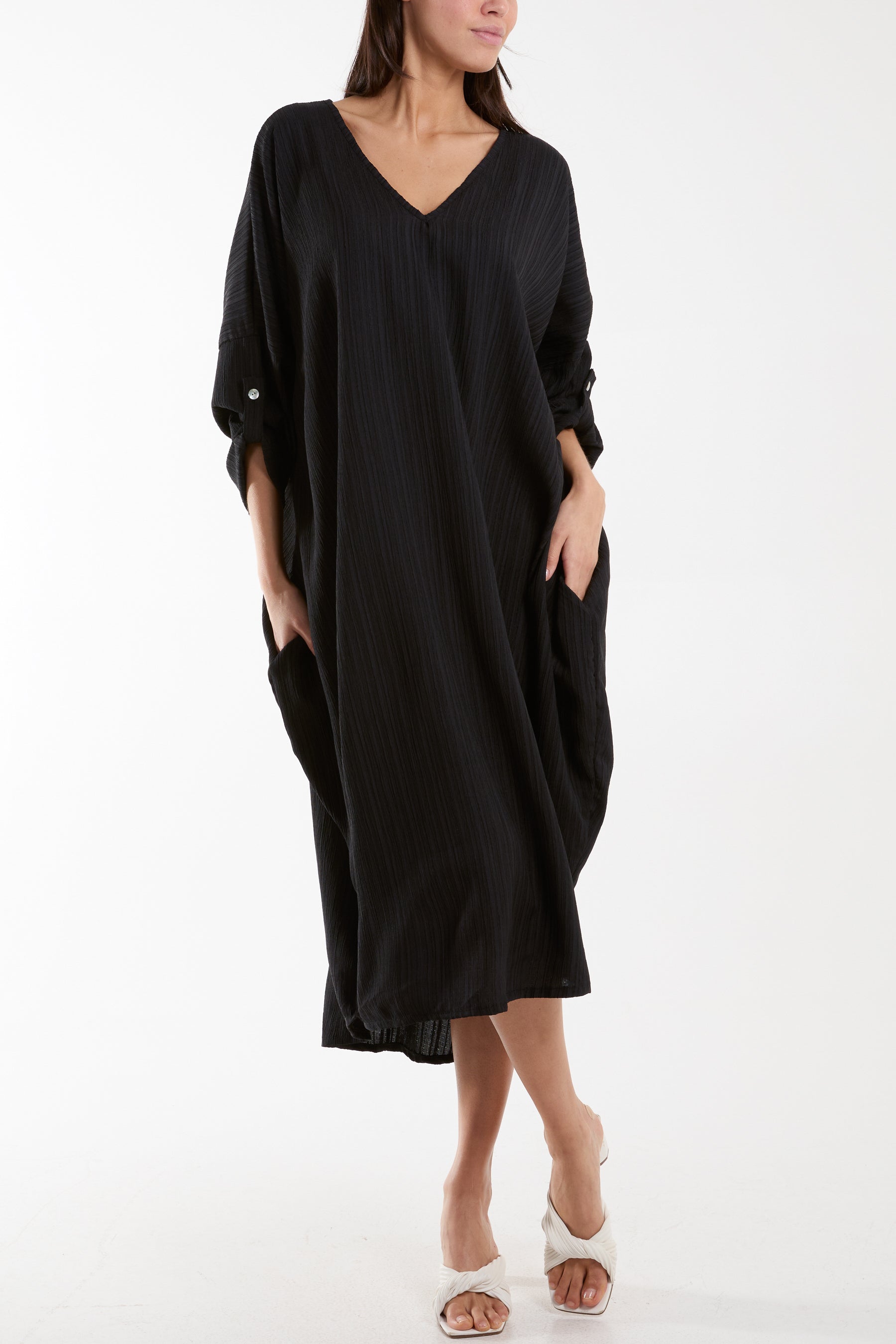 Crinkle Cocoon Midi Dress w/ Pockets Dresses WearAll Black One Size