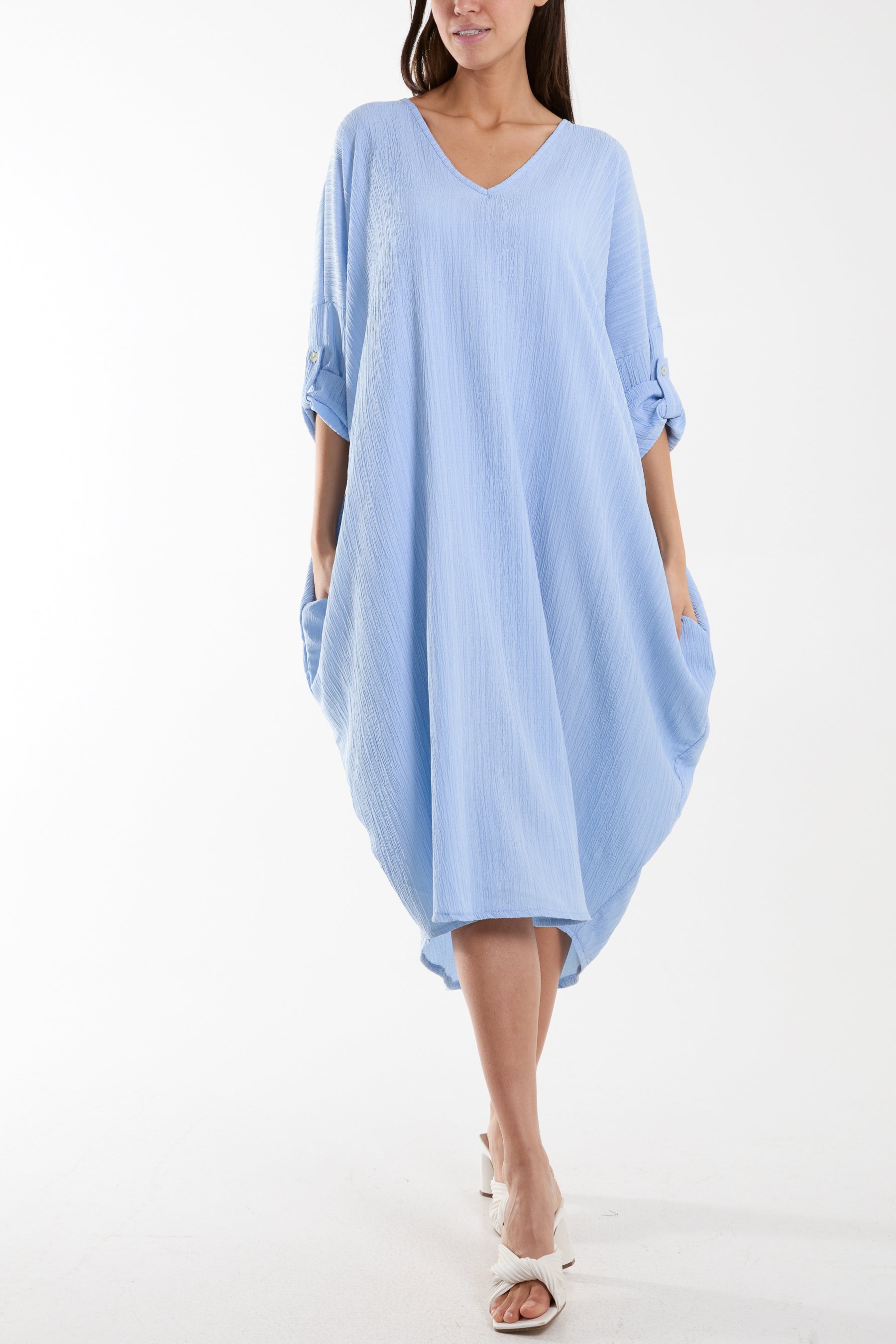 Crinkle Cocoon Midi Dress w/ Pockets Dresses WearAll Light Blue One Size