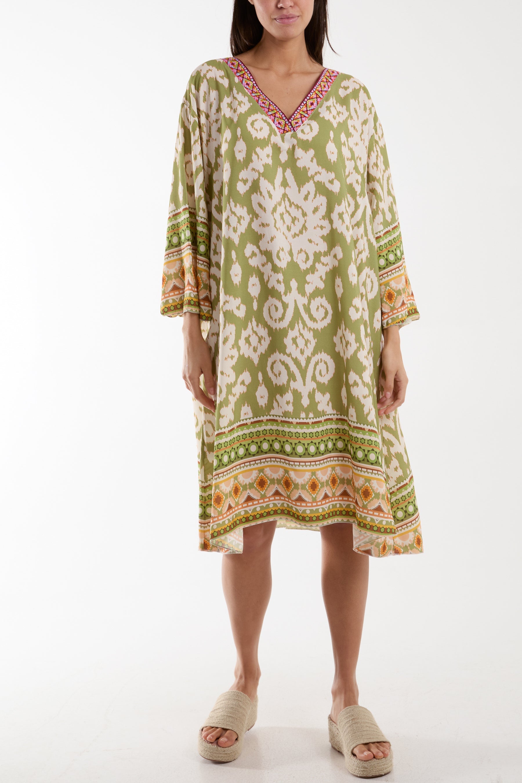 Embroidery V-Neck Printed Tunic Dress Dresses WearAll Khaki One Size