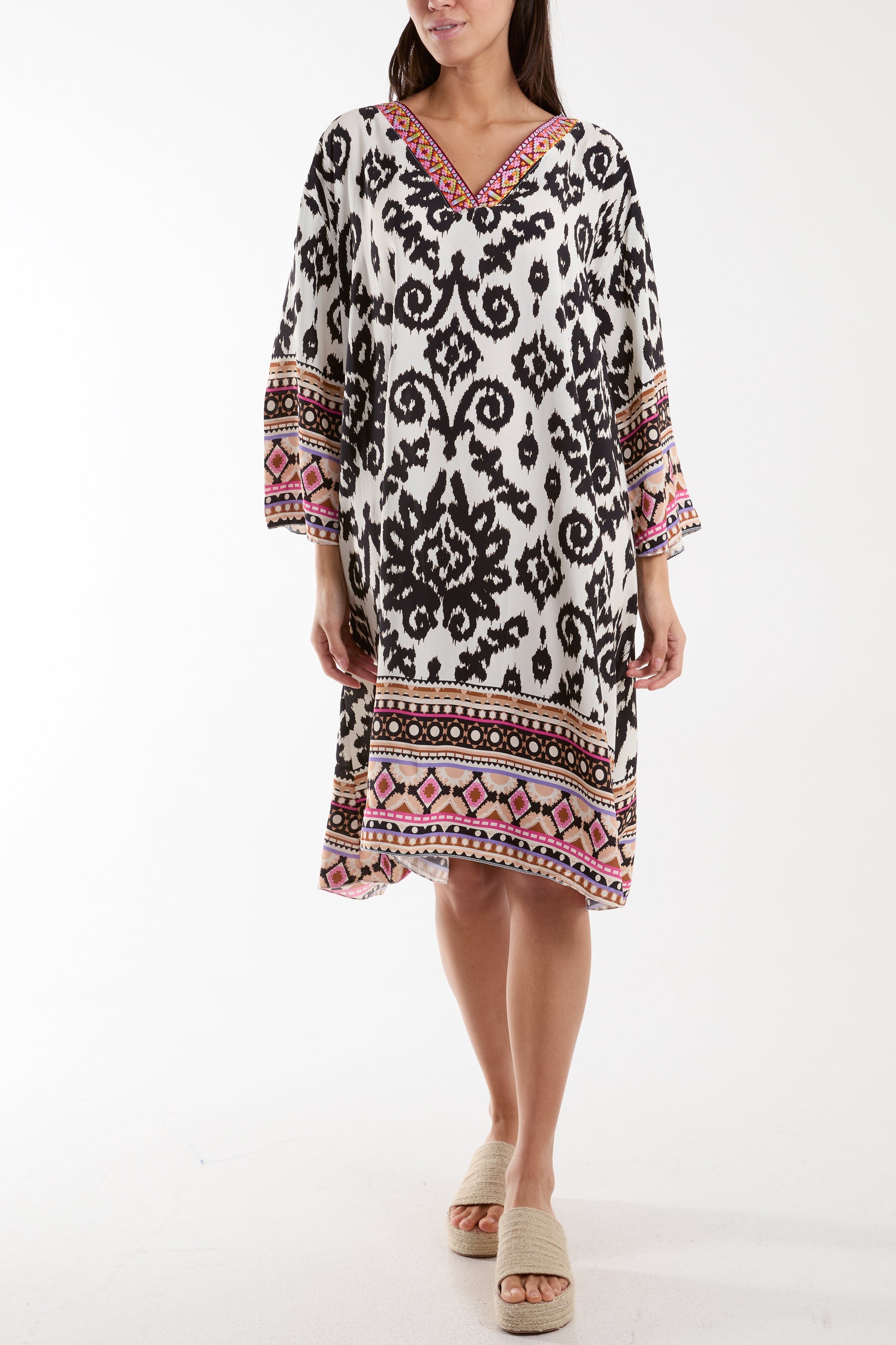 Embroidery V-Neck Printed Tunic Dress Dresses WearAll Black One Size