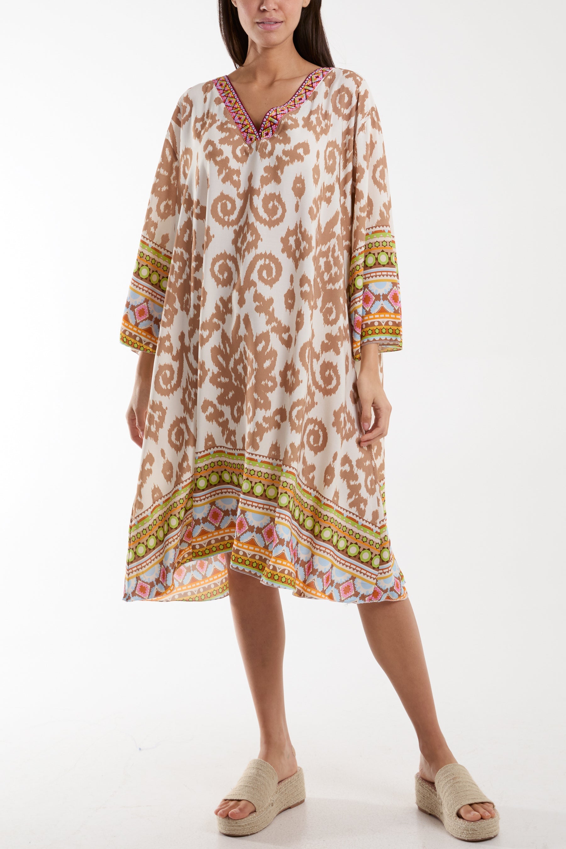 Embroidery V-Neck Printed Tunic Dress Dresses WearAll Beige One Size