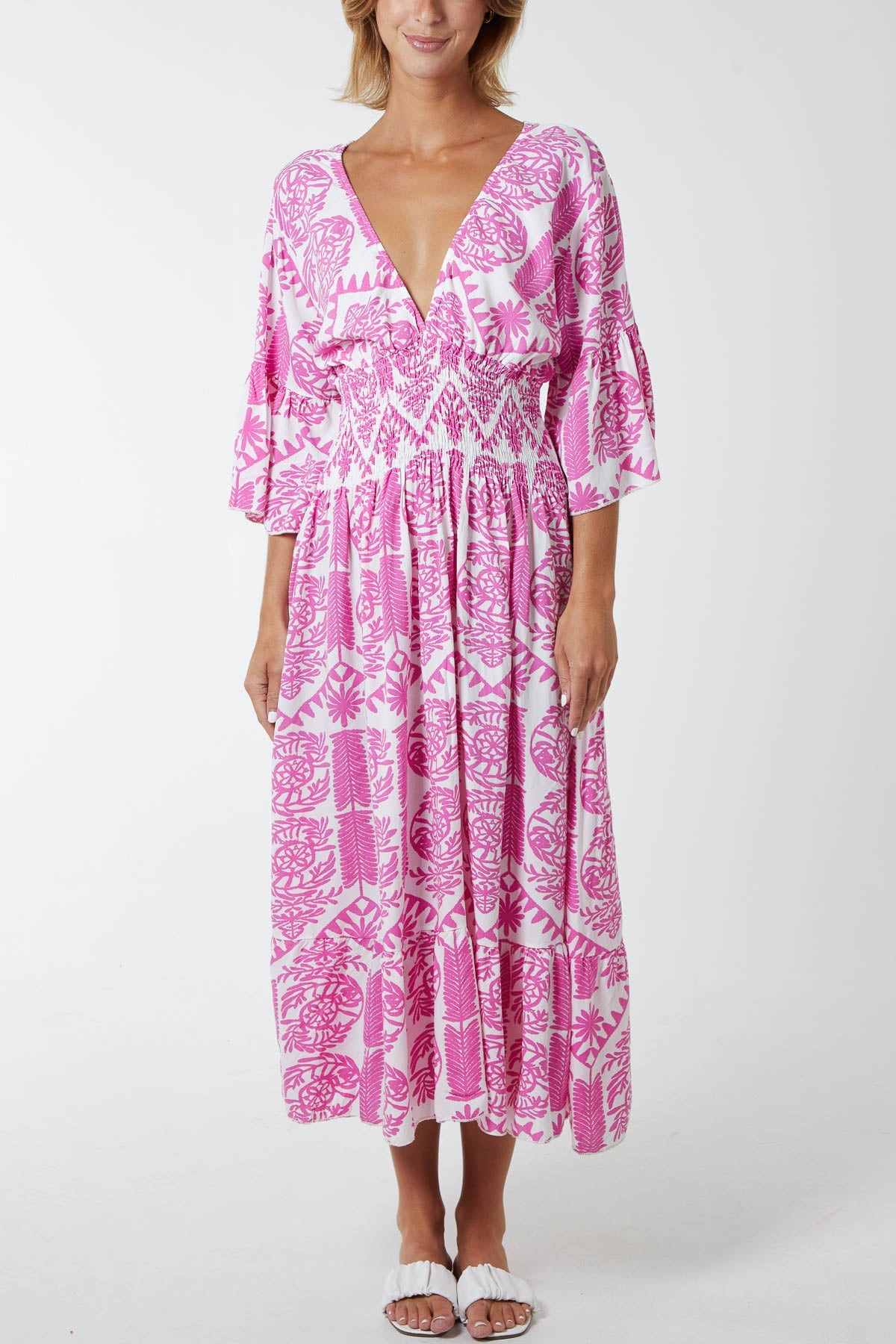 Baroque Floral Shirred Midi Dress DMF2 WearAll Fuchsia One Size