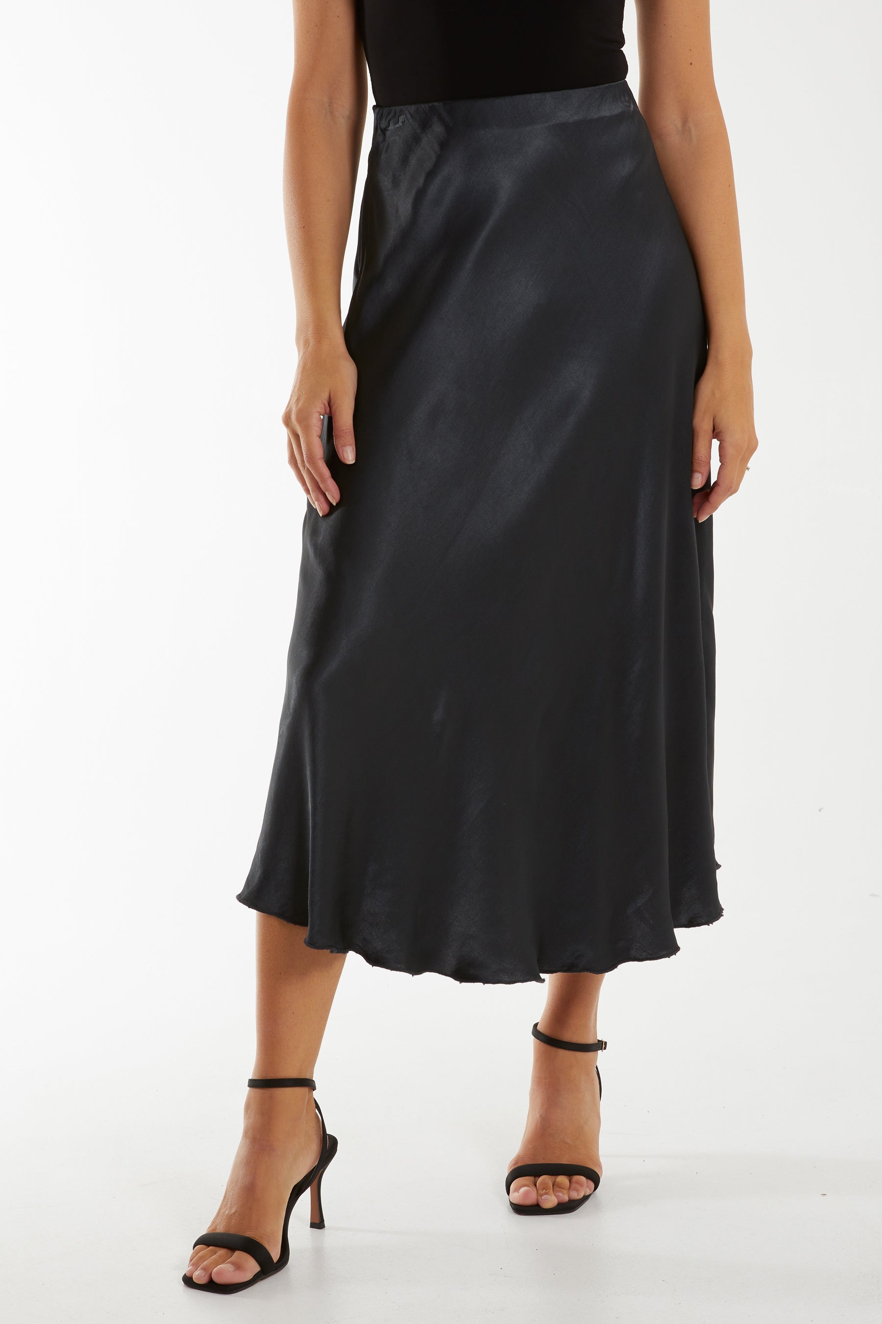 Waistband Satin Midi Skirt Skirts WearAll Charcoal One Size