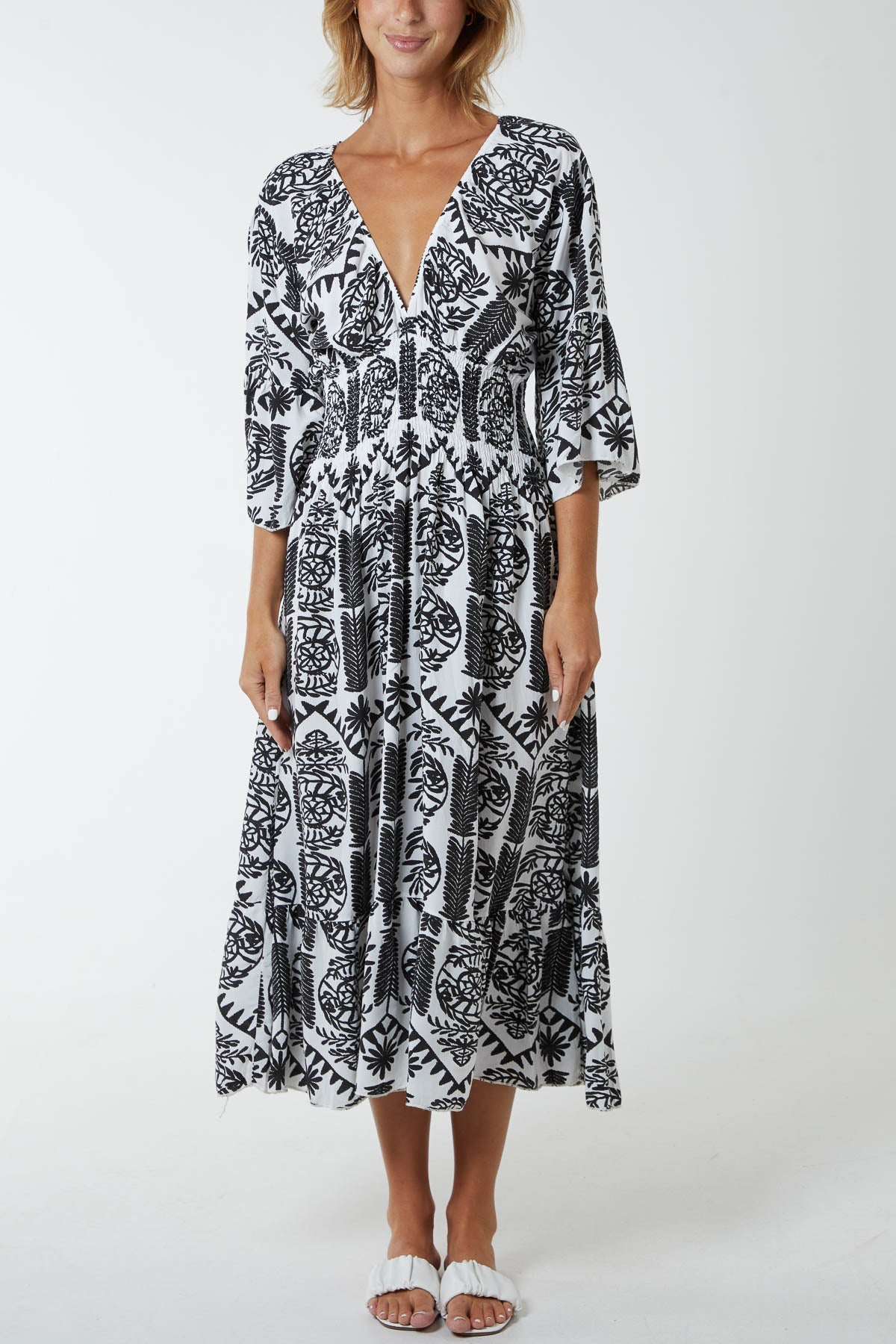 Baroque Floral Shirred Midi Dress DMF2 WearAll Black One Size