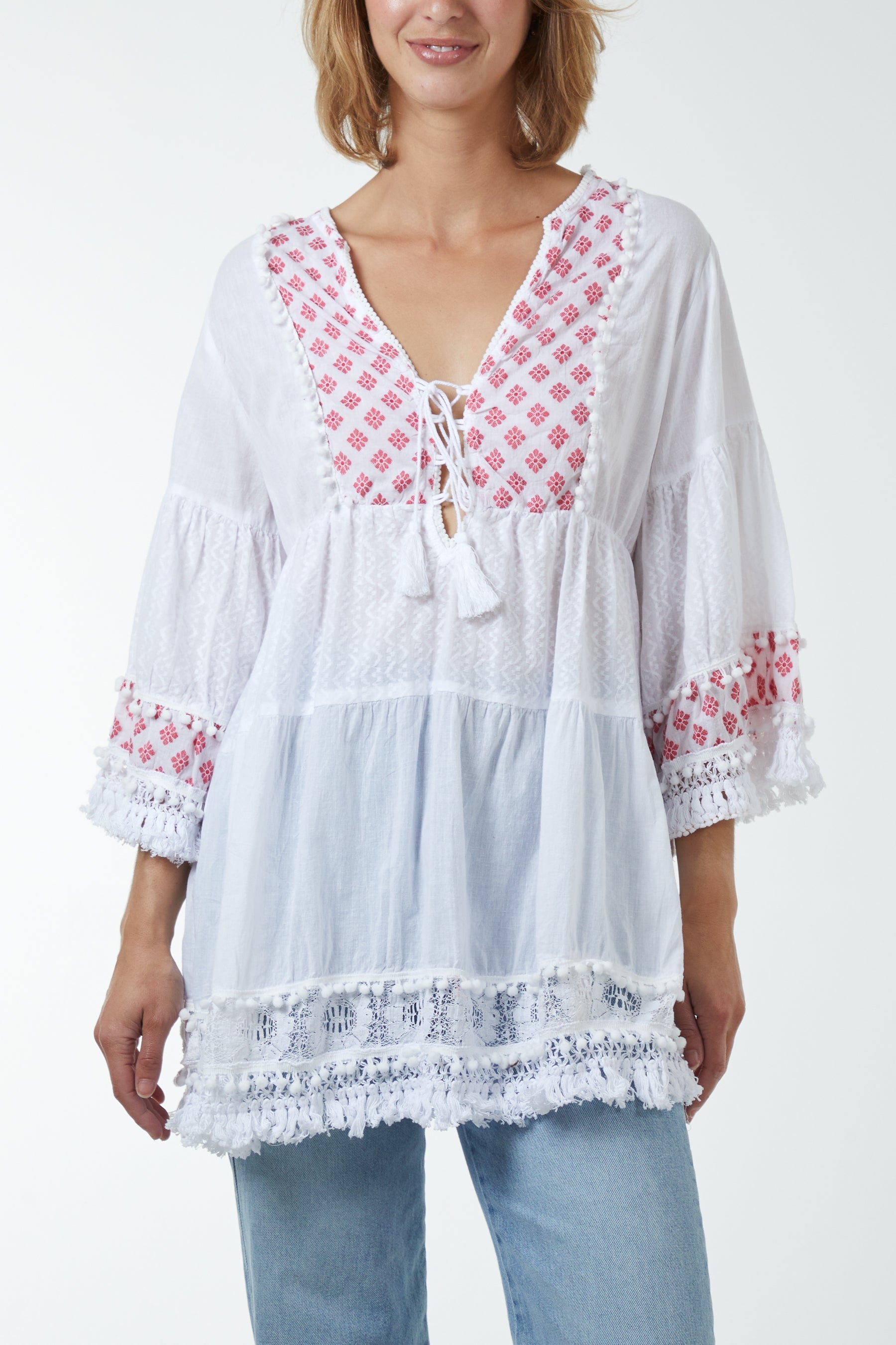 Gold Detailing Tassel Tiered Top Blouses WearAll Red One Size