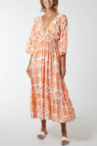 Baroque Floral Shirred Midi Dress DMF2 WearAll Orange One Size