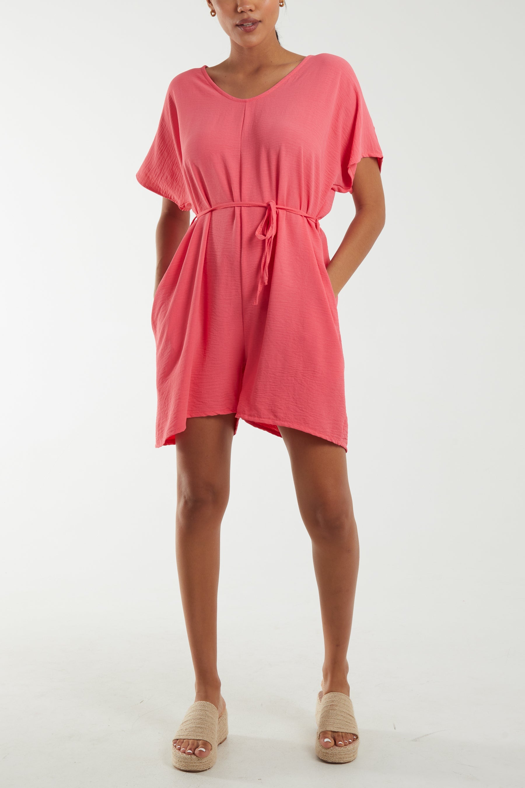 Tie Belt & Button Back Playsuit Playsuits WearAll Coral One Size