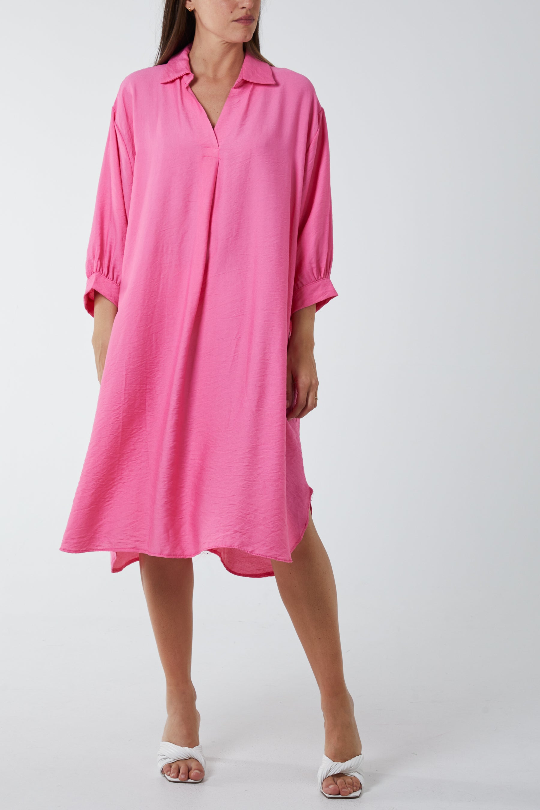 V-Neck Collared Midi Dress DMF2 WearAll Bubblegum Pink One Size