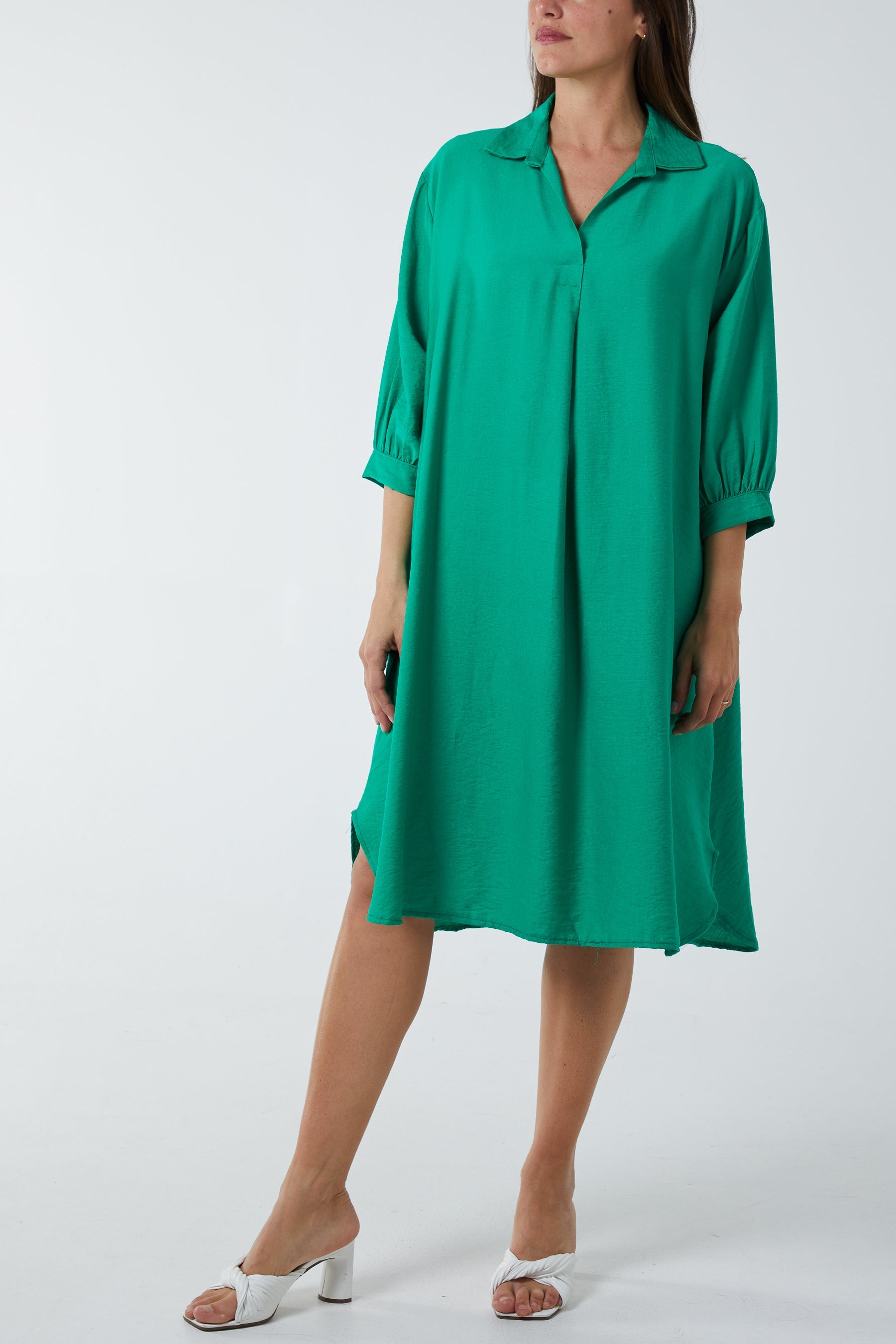 V-Neck Collared Midi Dress DMF2 WearAll Jade One Size