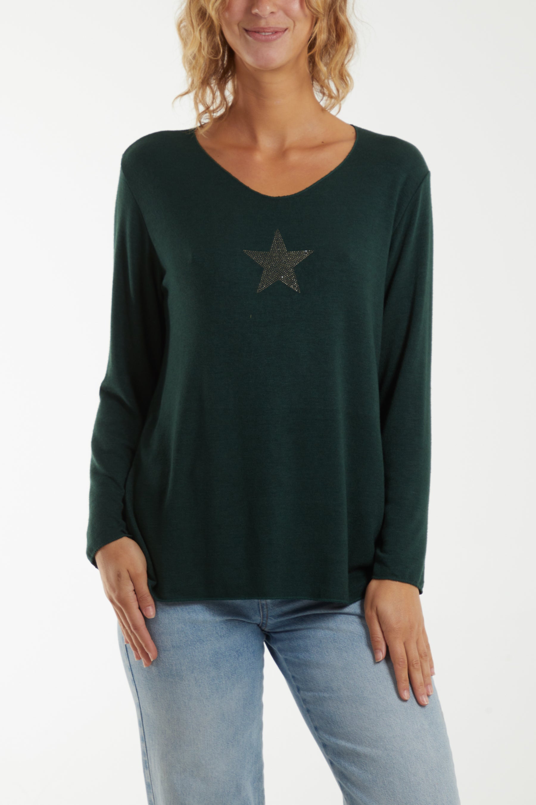 Diamante Star Long Sleeve Jumper Jumpers WearAll Bottle Green One Size