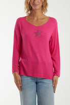 Diamante Star Long Sleeve Jumper Jumpers WearAll Fuchsia One Size