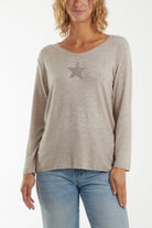 Diamante Star Long Sleeve Jumper Jumpers WearAll Stone One Size