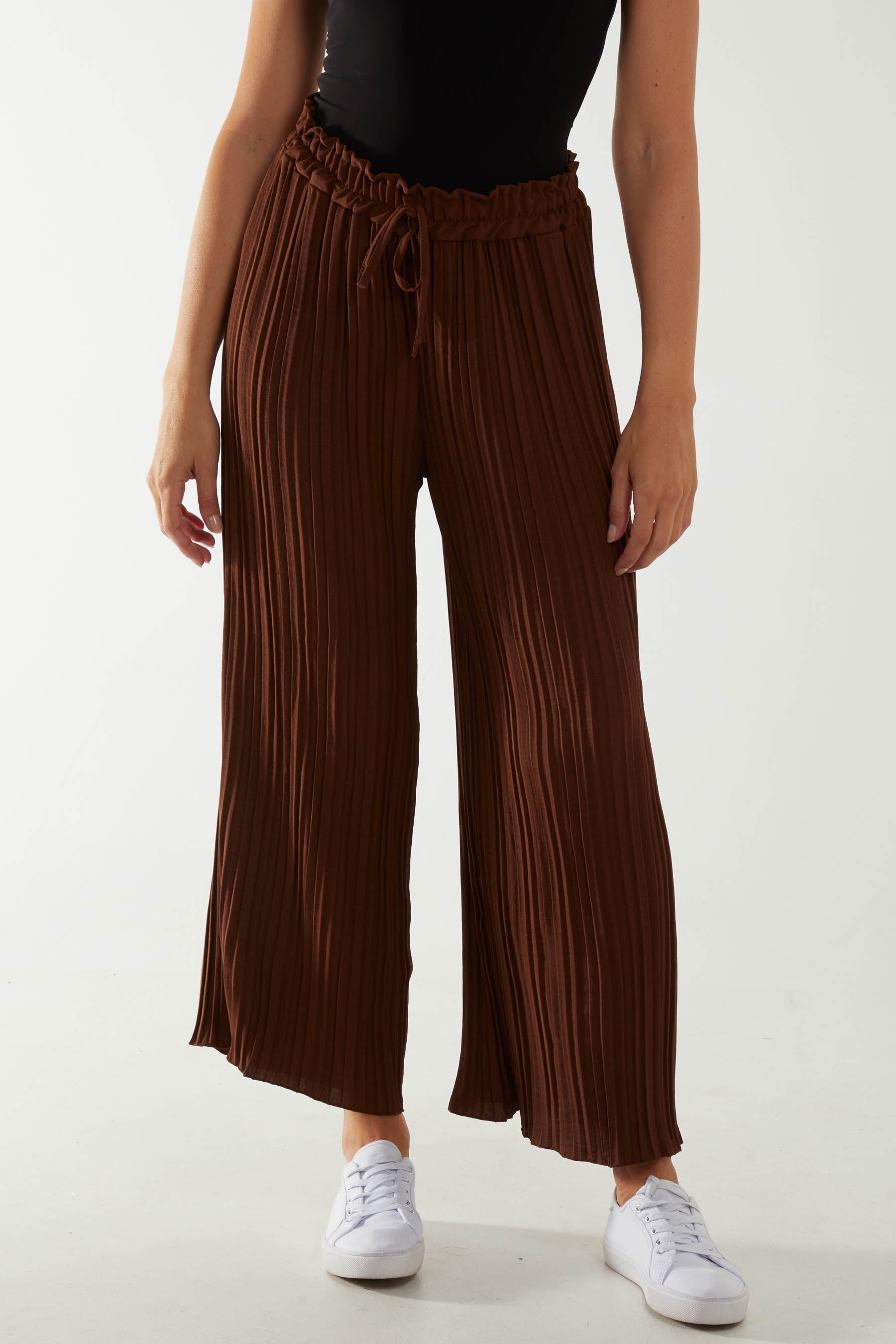 Wide Leg Plisse Drawstring Trousers TRS1 WearAll Chocolate One Size