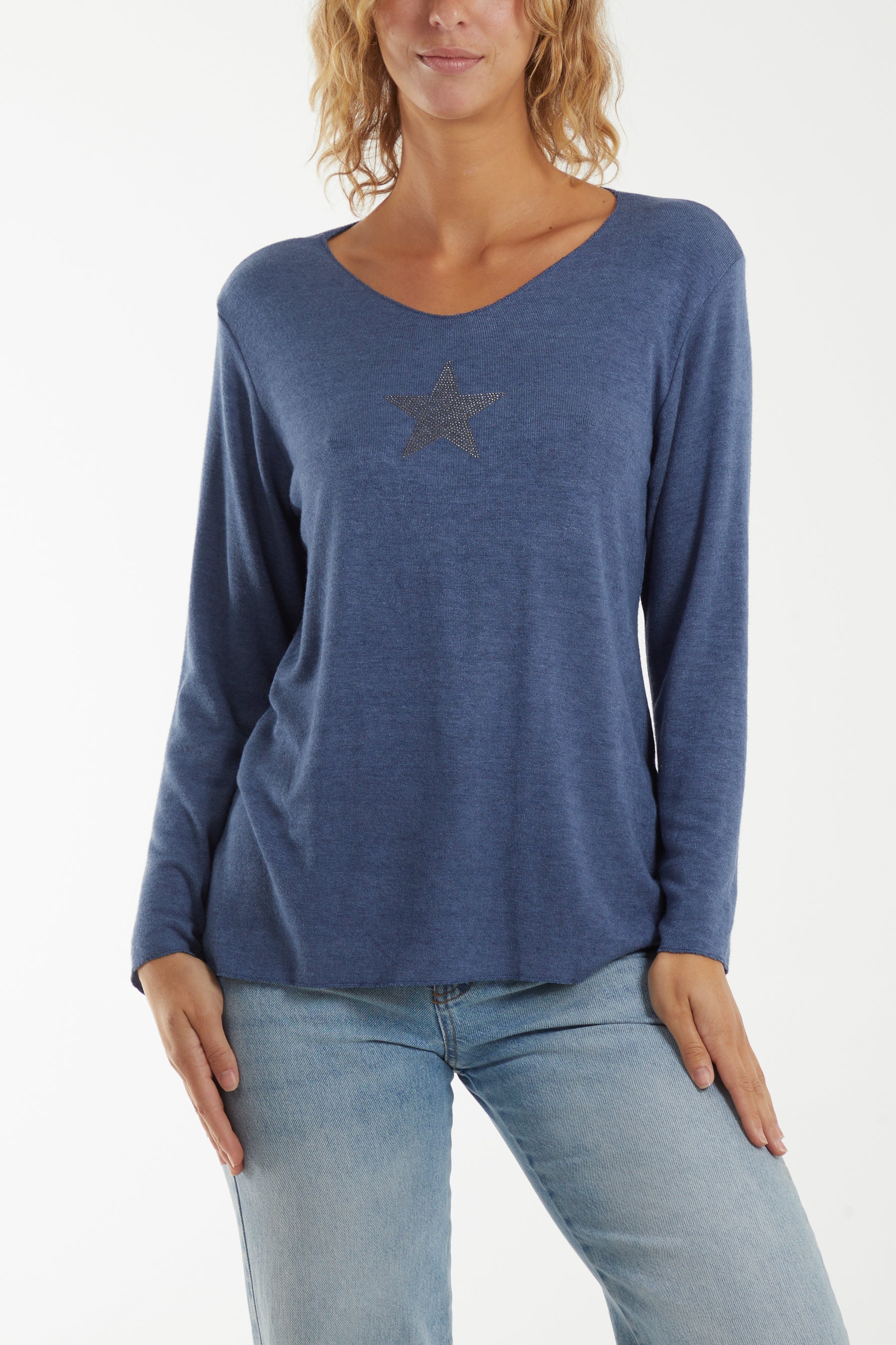 Diamante Star Long Sleeve Jumper Jumpers WearAll Denim One Size