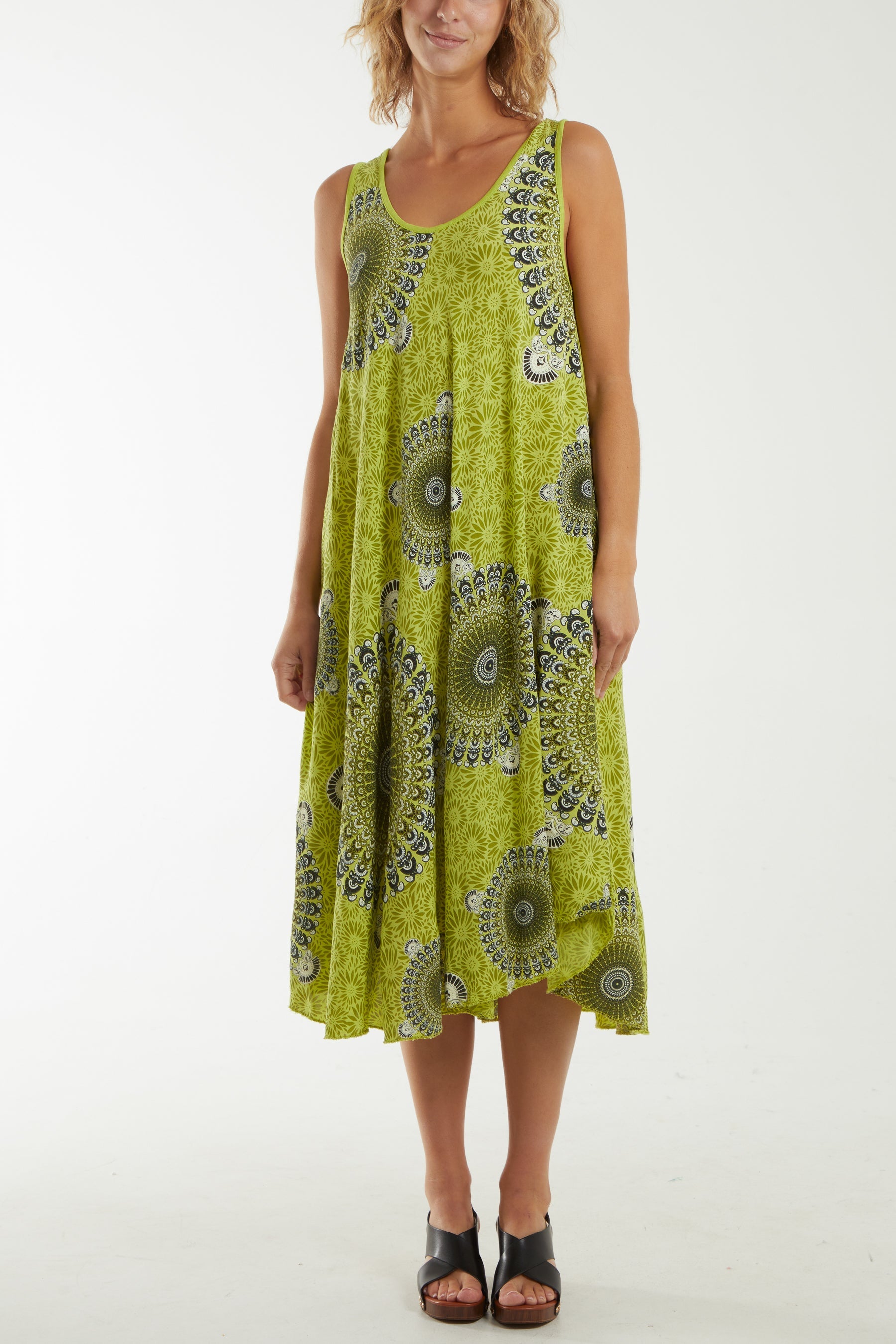 Mandala Relaxed Fit Sleeveless Midi Dress Dresses WearAll Lime One Size