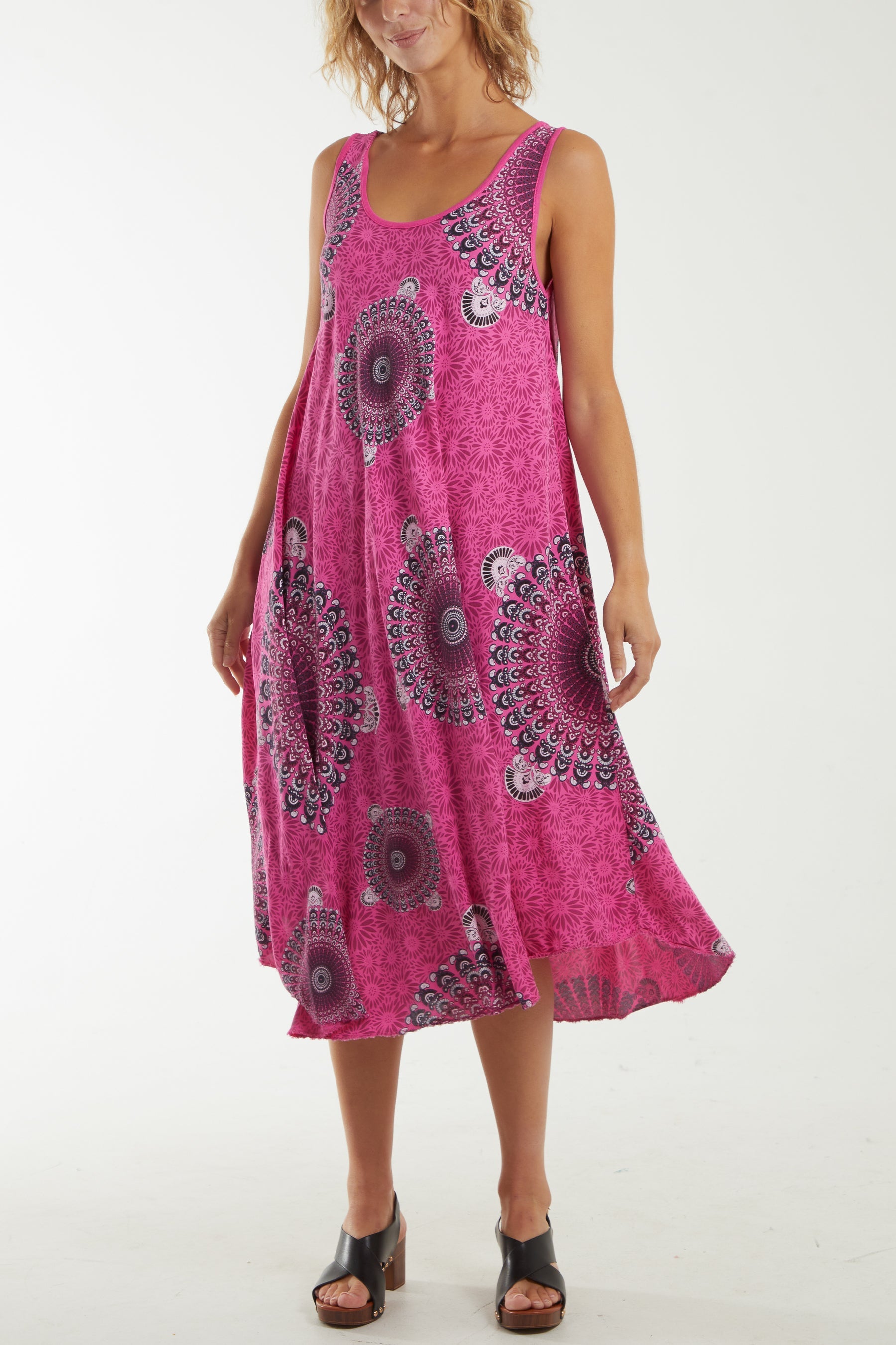 Mandala Relaxed Fit Sleeveless Midi Dress Dresses WearAll Fuchsia One Size