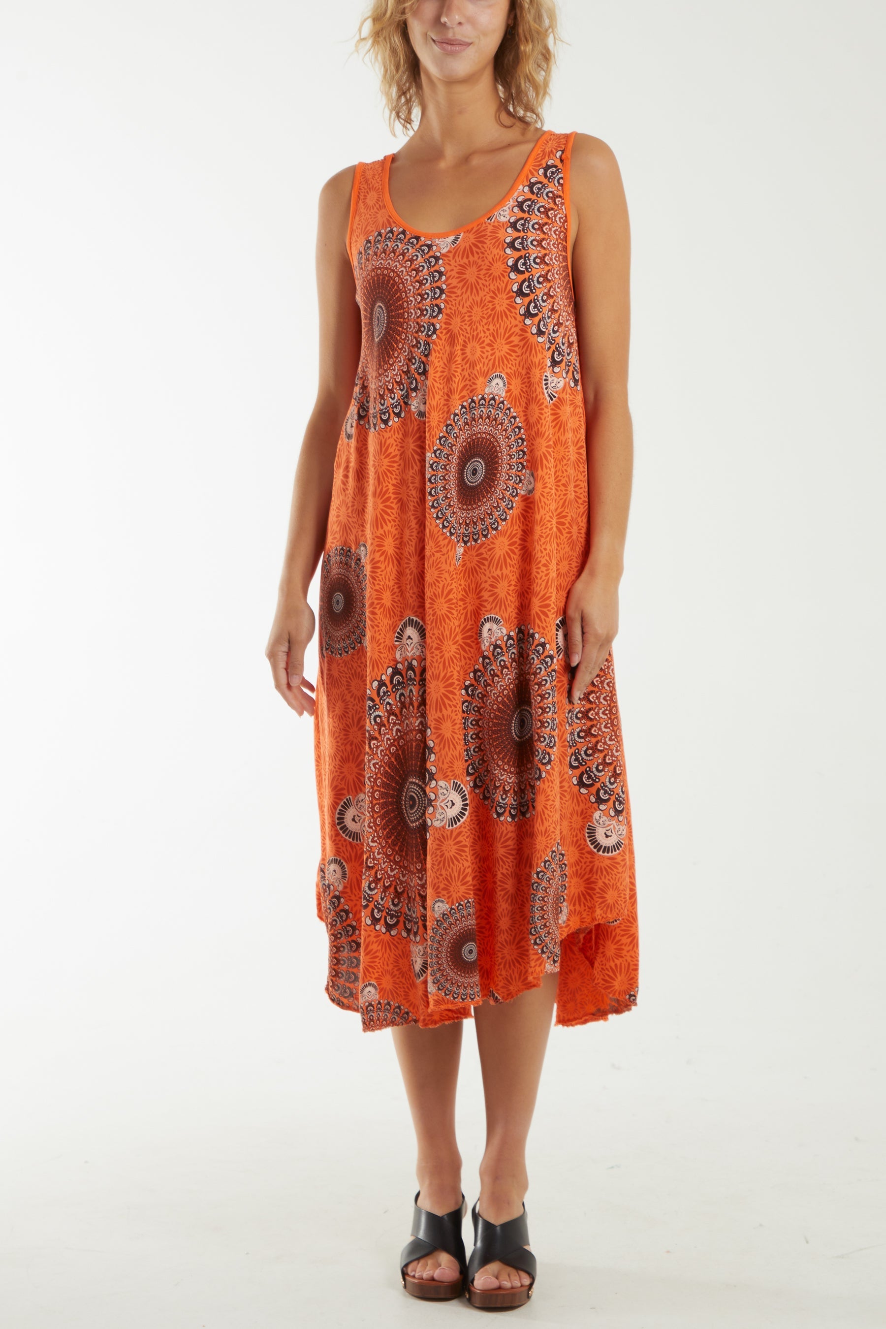 Mandala Relaxed Fit Sleeveless Midi Dress Dresses WearAll Orange One Size