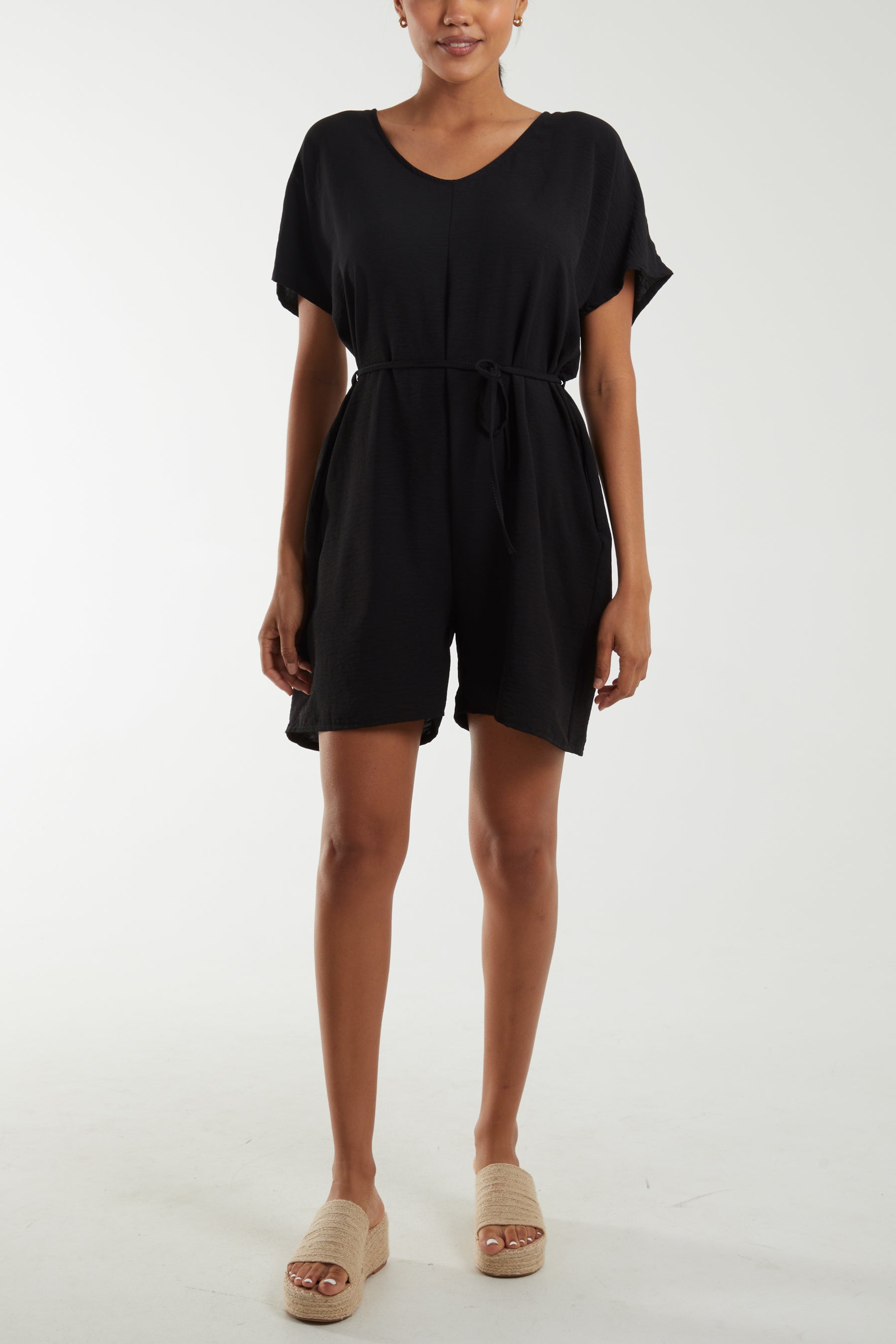 Tie Belt & Button Back Playsuit Playsuits WearAll Black One Size