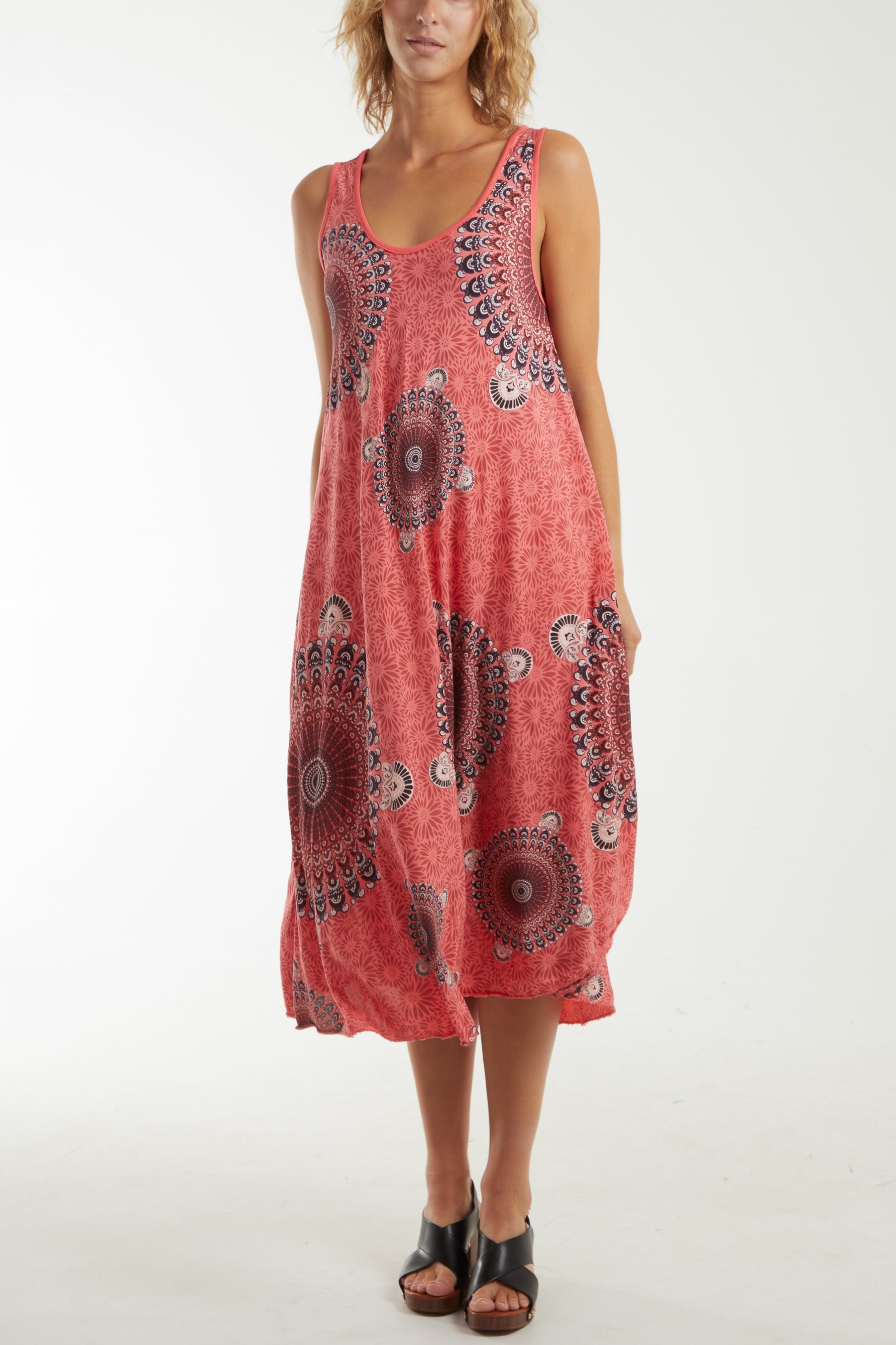 Mandala Relaxed Fit Sleeveless Midi Dress Dresses WearAll Coral One Size