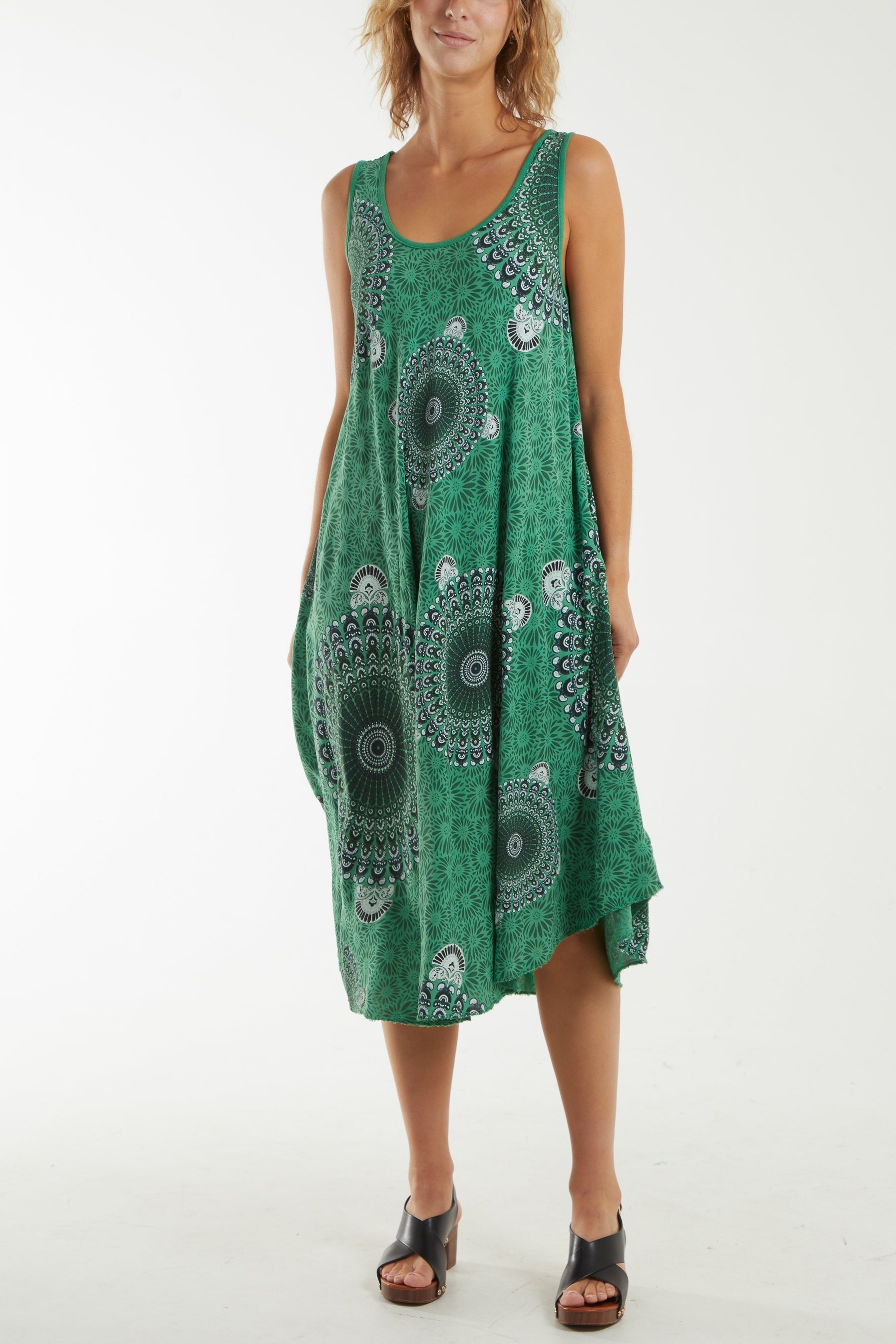 Mandala Relaxed Fit Sleeveless Midi Dress Dresses WearAll Jade One Size