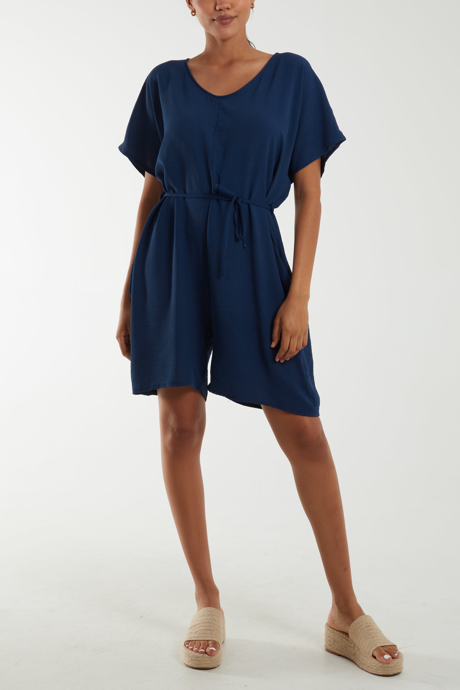 Tie Belt & Button Back Playsuit Playsuits WearAll Navy One Size