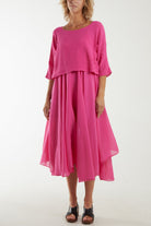 2 In 1 Crop Top & Cami Linen Dress Dresses WearAll Hot Pink One Size